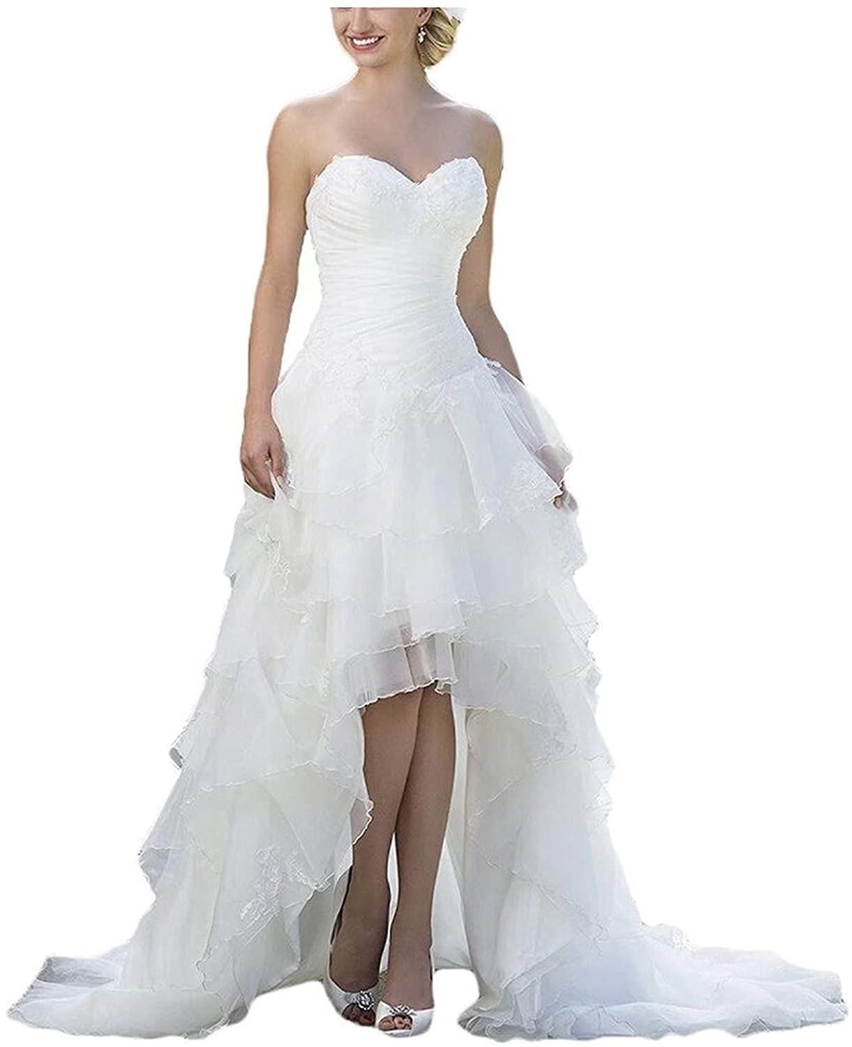 Elegant Beach Wedding Dresses for Bride - High Low Sequins Sleeveless Pleated Sweetheart Long Bridal Gowns for Women | Perfect for Destination Weddings, Beach Ceremonies & Summer Nuptials
