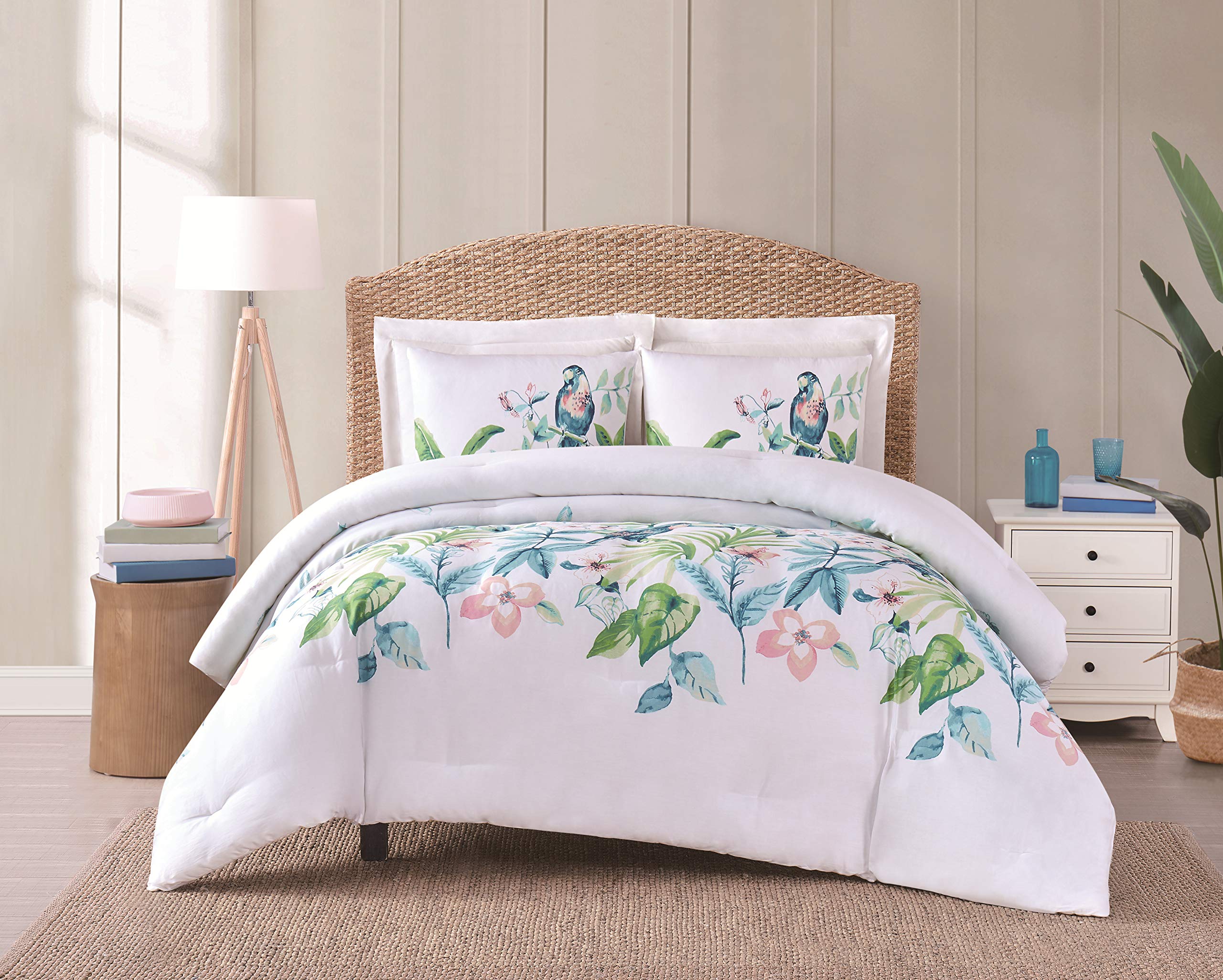 Tropical Bungalow Comforter Set - Pink Floral Bedding for Queen/King Size - Perfect for Beach House, Boho Bedroom & Summer Home Decor