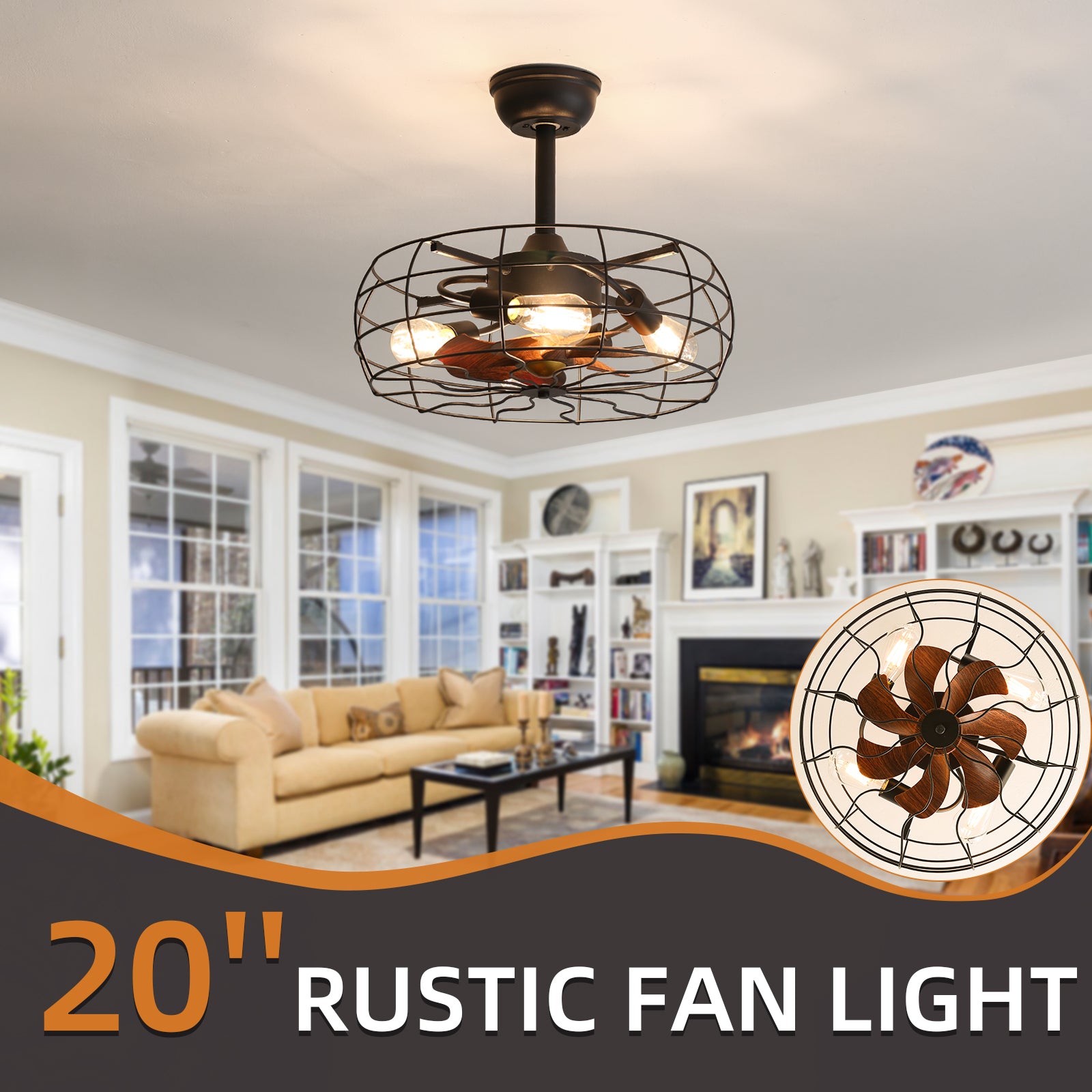 19 Inch Vintage Cage Ceiling Fan with Lights - Industrial Retro Style for Living Room, Bedroom, or Patio (Bulbs Not Covered by Warranty)
