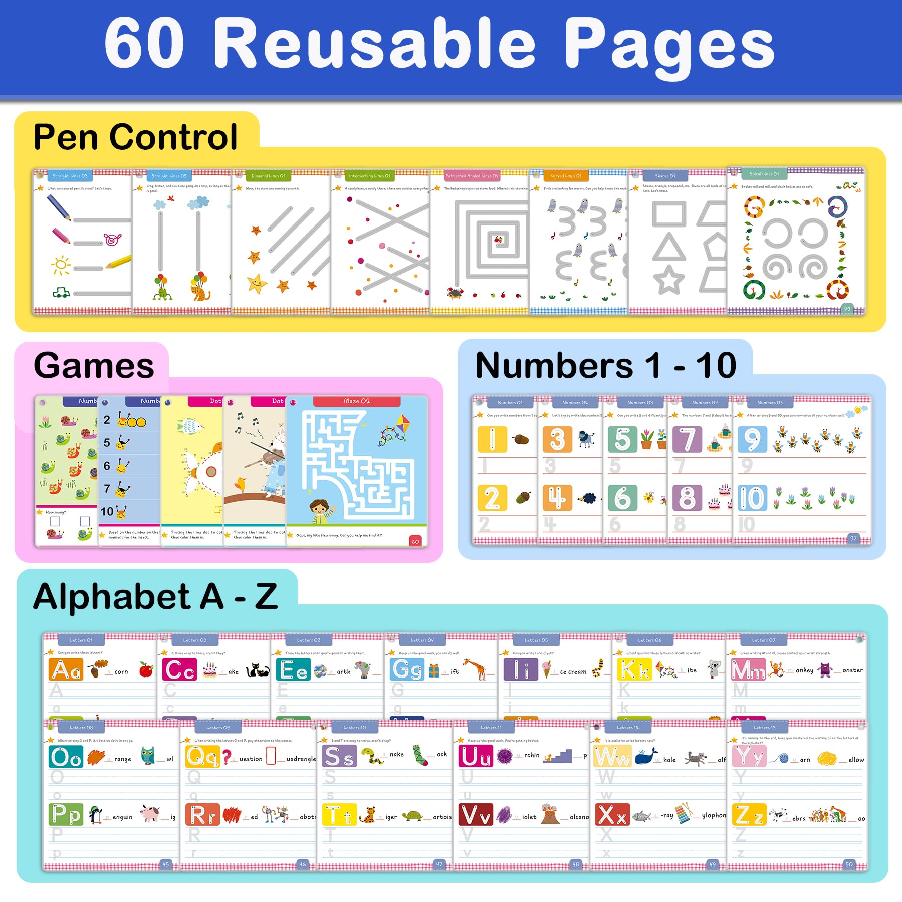 HOQEEWIPE Preschool Learning Activities Workbook - Reusable 60-Page Tracing Book for Kids Ages 3-5 | Alphabet, Numbers & Fine Motor Skills Practice | Educational Learning Toys for Toddlers 2-4 Years Old | Perfect for Homeschooling & Classroom Activities