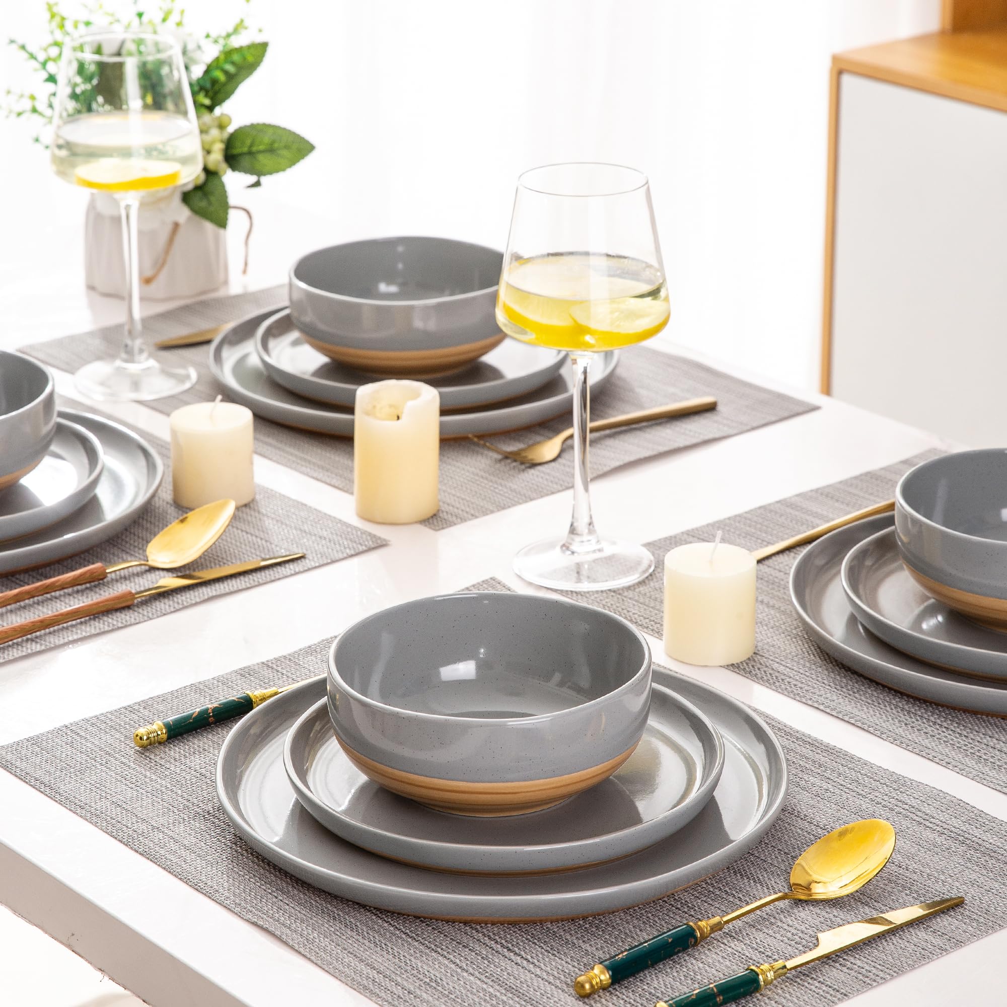 AmorArc 12-Piece Ceramic Dinnerware Set for 4 - Hand-Painted Stoneware Plates & Bowls with Rustic Terracotta Underside, Scratch Resistant, Dishwasher & Microwave Safe, Gray - Perfect for Family Dinners, Entertaining Guests & Everyday Use