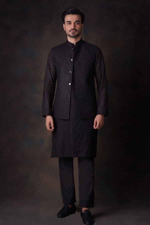 Jet Black Diamond Embroidered Cotton Sheer Kurta and Waistcoat Set for Women - Elegant Traditional Indian Outfit for Festivals, Weddings & Special Occasions
