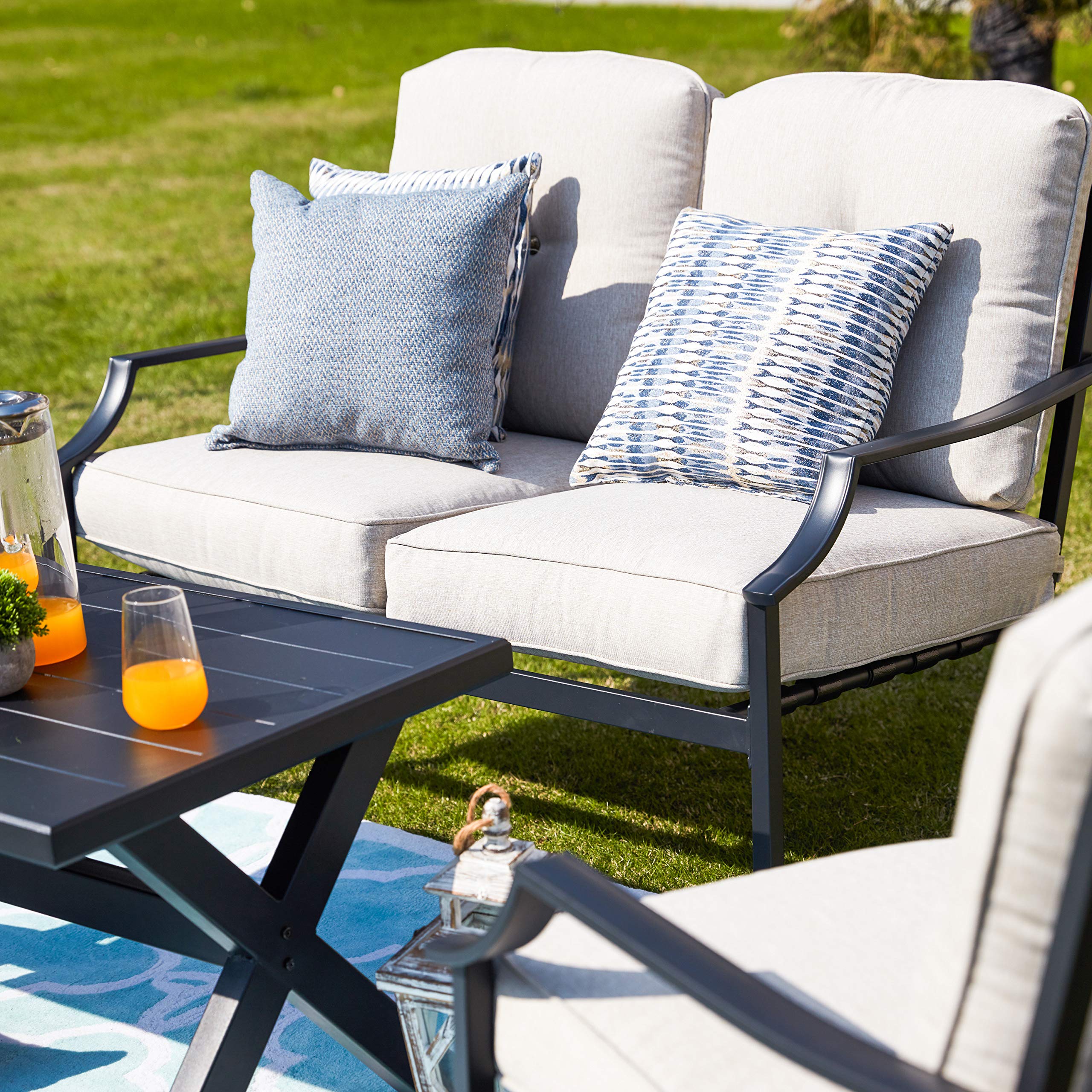 4-Piece Outdoor Patio Furniture Set with All-Weather Cushions - Metal Conversation Set Includes Loveseat, 2 Chairs & Coffee Table for Poolside, Garden, Lawn or Backyard (Beige)