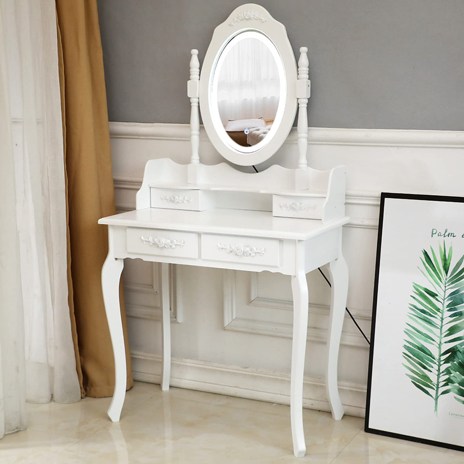 White LED Single Mirror 4 Drawer Dresser for Bedroom, Living Room & Beauty Salon - Modern Vanity Table with Lights for Makeup, Storage & Home Decor