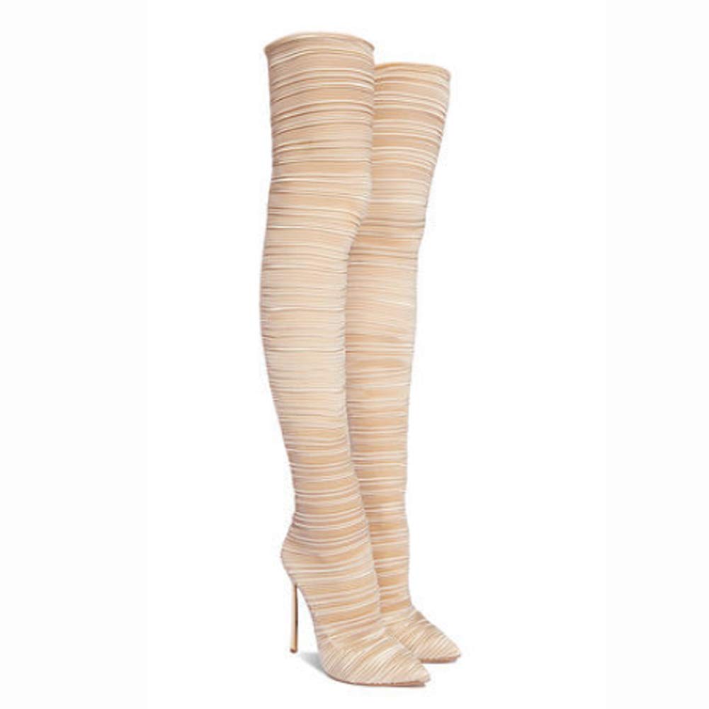 My-dym Women's Fashion Stretch Over The Knee Boots with Metal Heels - Spring & Autumn Trendy Knee High Boots in White (Size 41) - Perfect for Party, Night Out & Casual Wear
