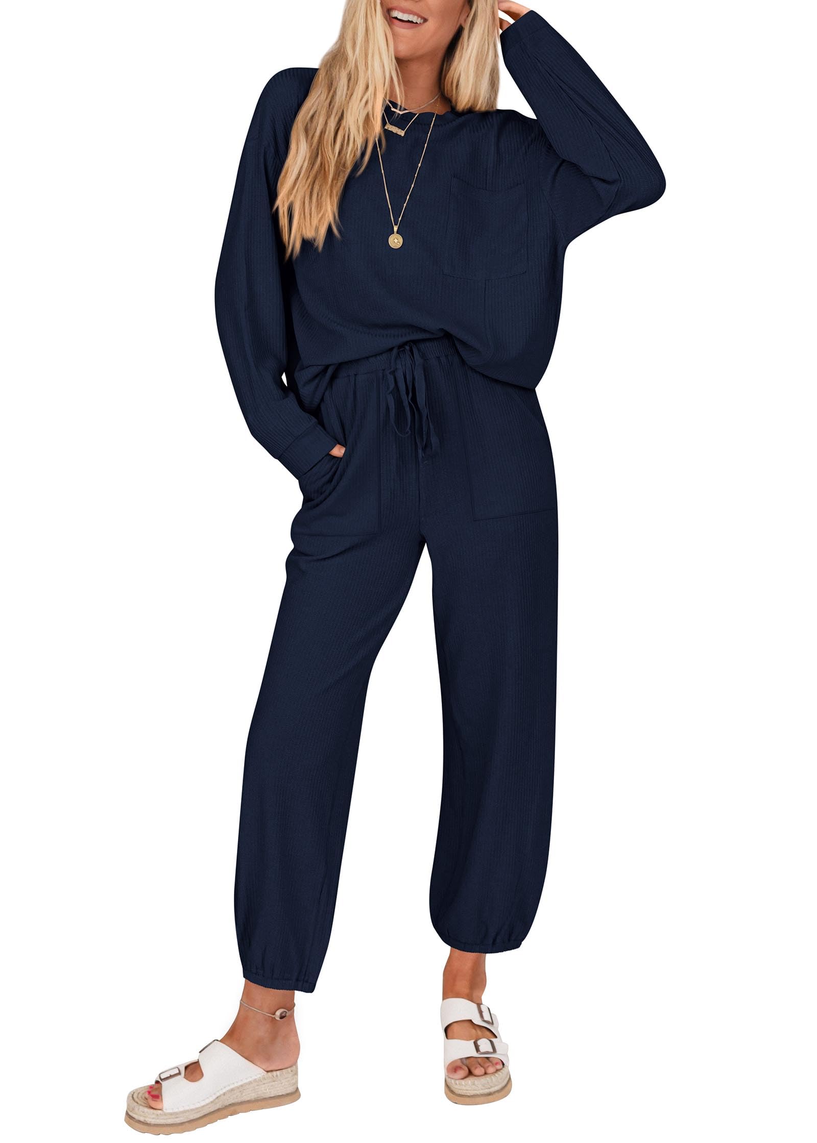 KIRUNDO Women's Lightweight Lounge Set - Comfy Travel & Airport Outfits with Drawstring Pants & Tops - Perfect for Postpartum, Jogging & Relaxation at Home