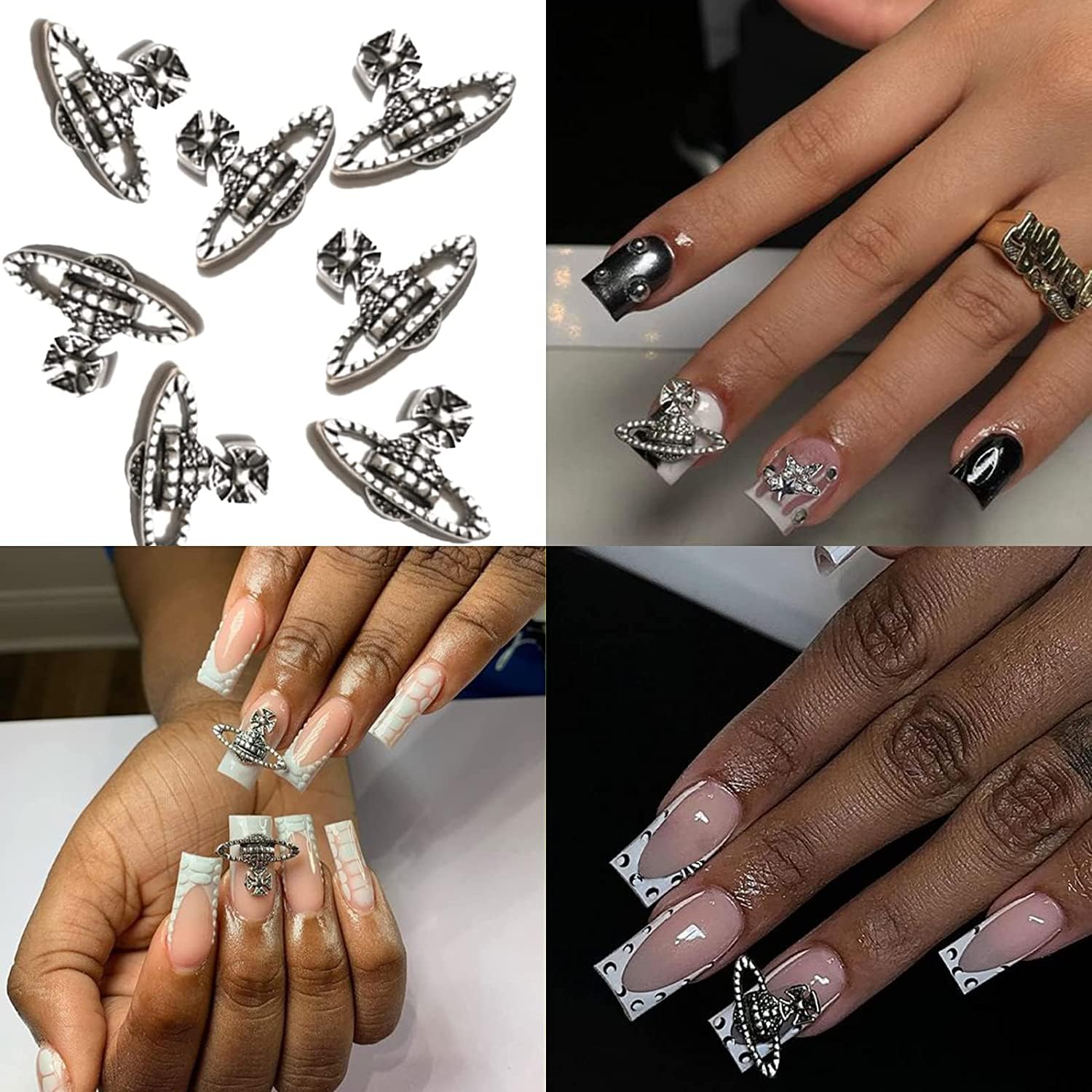 60Pcs 3D Y2K Kawaii Planet & Cross Nail Charms - Gold and Silver Nail Art Gems for Acrylic Nails, DIY Nail Jewelry Decorations for Women & Girls | Perfect for Party, Festival, and Everyday Nail Art Designs