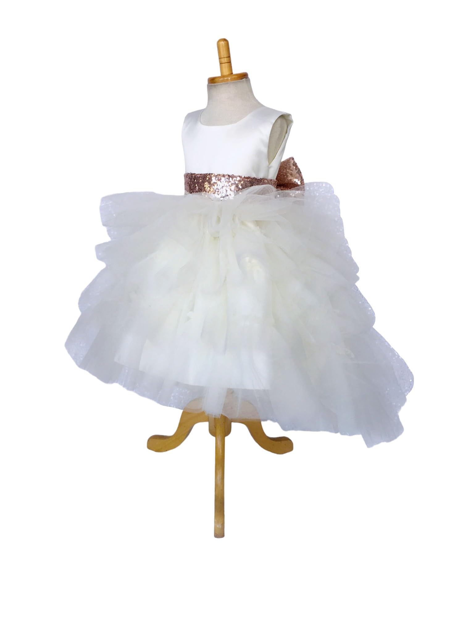 Ivory Sleeveless High-Low Tulle Ruffle Flower Girl Dress for Weddings & Birthday Parties - Rose Gold Mini Sequin Accessories Included (Size 6) | Perfect for Flower Girls, Pageants & Special Occasions
