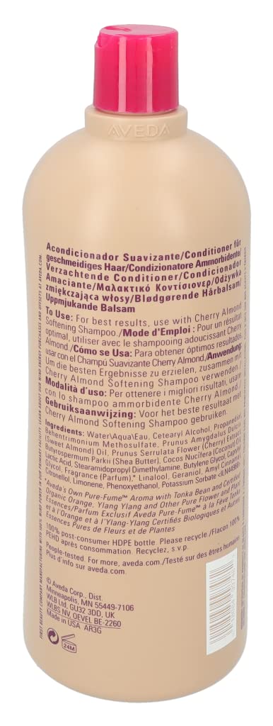 Aveda Cherry Almond Softening Conditioner for Normal to Dry Hair - 98% Naturally Derived with Coconut Oil & Shea Butter | Silicone Free Hair Care | Tonka, Orange & Ylang Ylang Scent | 33.8 Fl Oz | Deep Hydration for Damaged Hair | Perfect for Daily Use & Salon Quality Results