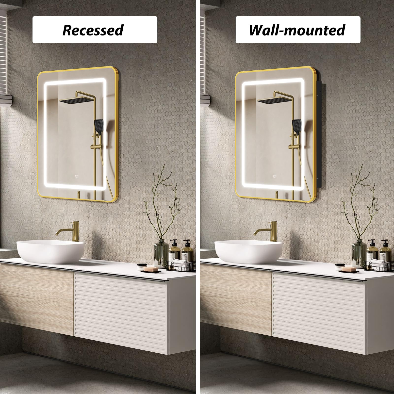 APRILSOUL 24x30 Inch Gold Bathroom Medicine Cabinet with Mirror - Recessed/Surface Mount LED Mirror Cabinet with Adjustable Color Temperature (3000K/4000K/6000K) & Dimmable Lighting - Perfect for Modern Bathrooms, Vanities, and Makeup Areas