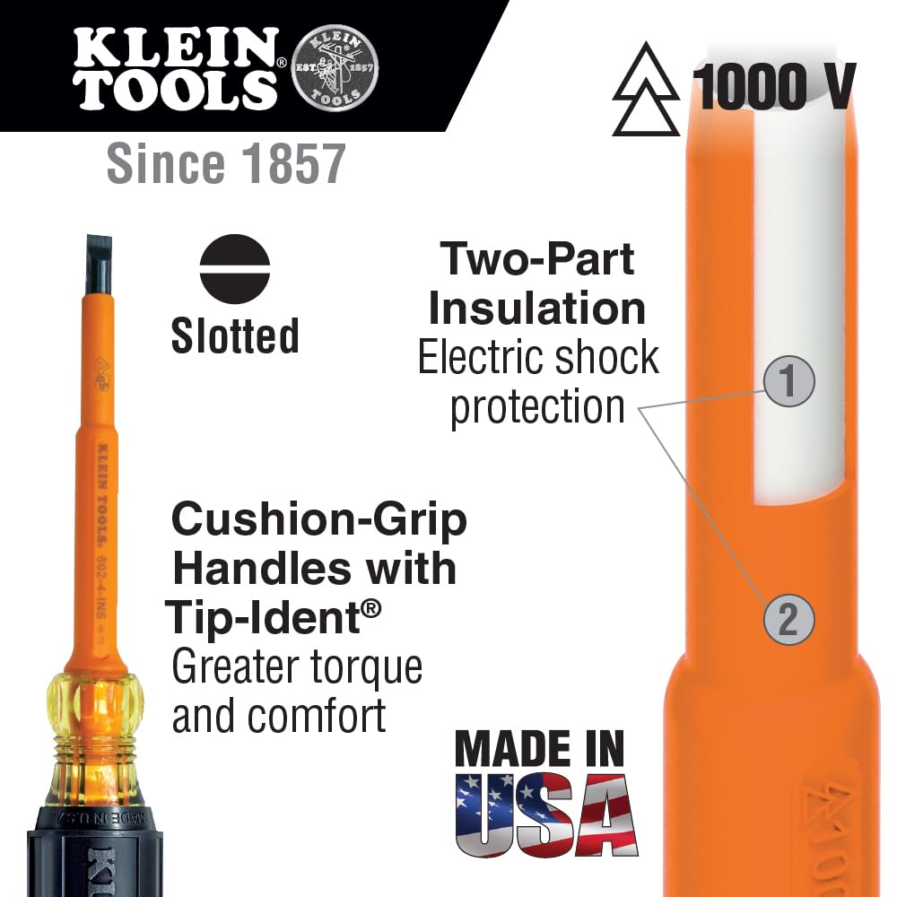 Klein Tools 602-8-INS Insulated Screwdriver - 3/8-Inch Cabinet Tip with 8-Inch Shank - Made in USA - Perfect for Electrical Work & DIY Home Repairs