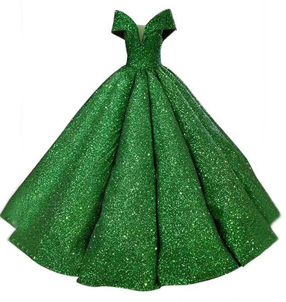 Emanni Women's Off-The-Shoulder Quinceañera Dress Ball Gown with Sequin & Ruffles - Elegant Green Prom Dress for Sweet 16, Homecoming, and Formal Events