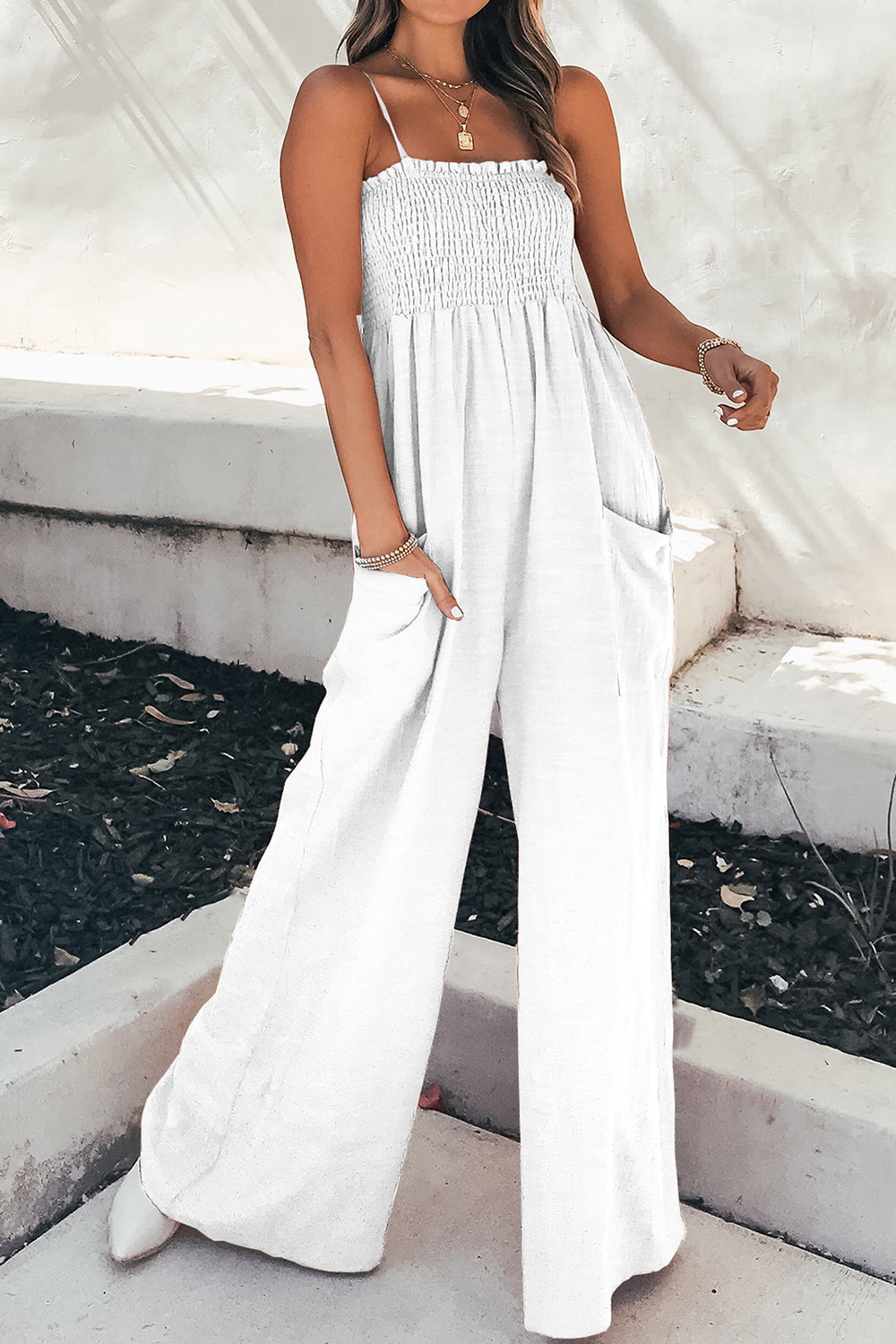 Elegant Smocked Spaghetti Strap Wide Leg Jumpsuit for Women | Summer Boho Chic Romper | Perfect for Beach Vacations & Date Nights