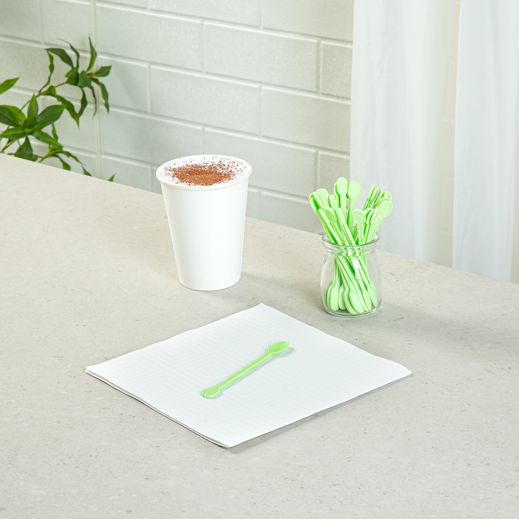 Eco-Friendly Compostable CPLA Plastic Coffee Stirrers & Spoons - 100 Count Box | Biodegradable Stir Sticks for Hot/Cold Beverages, Perfect for Coffee Shops, Offices, and Home Use