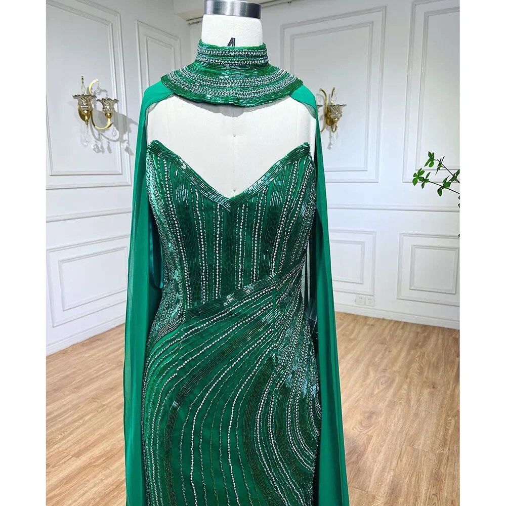 Elegant Beaded Mermaid Evening Gowns with Cape Sleeves & High Slit - Luxury Women's Party Dresses for Prom, Gala & Formal Events - Serene Hill Collection LA72073