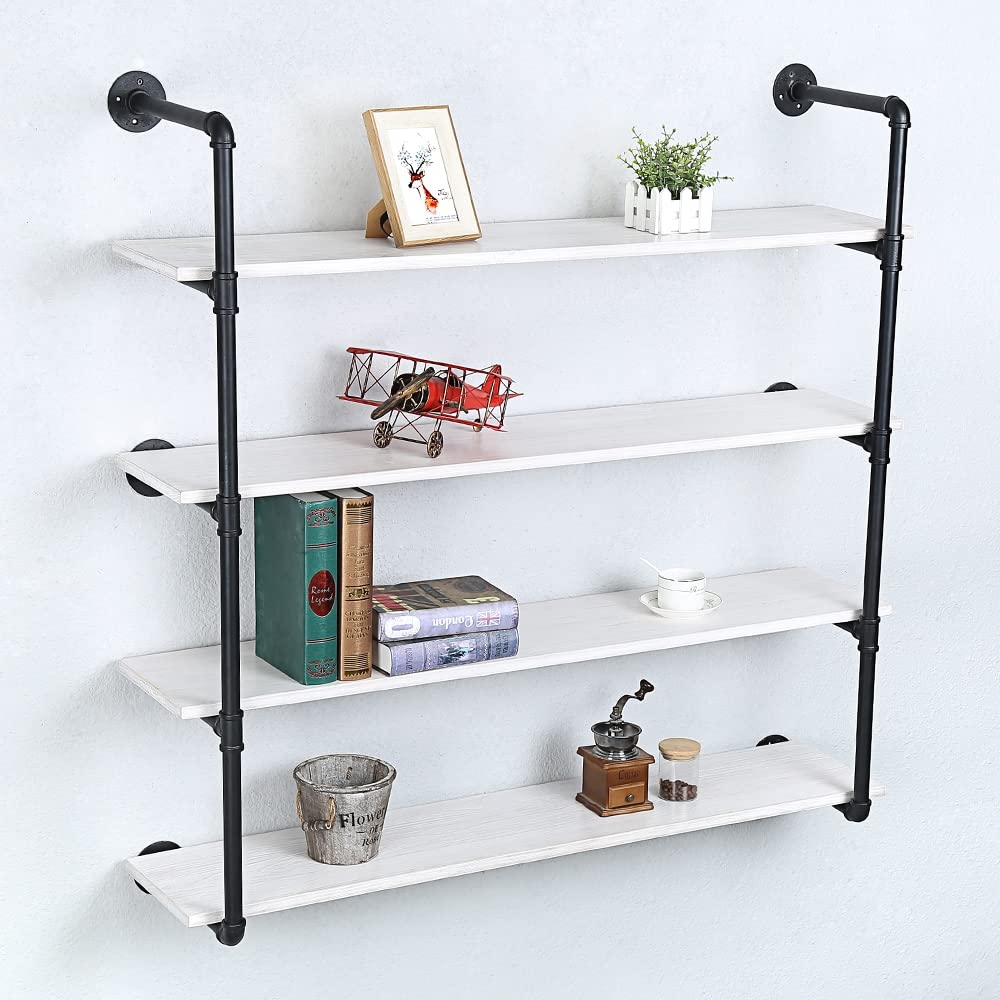Industrial Pipe Shelving Wall Mounted - 48 Inch Rustic Metal Floating Shelves with Real Wood, Steampunk Style Bookshelves for Farmhouse & Kitchen Decor (4 Tier) - Perfect for Books, Plants, Barware & Home Organization