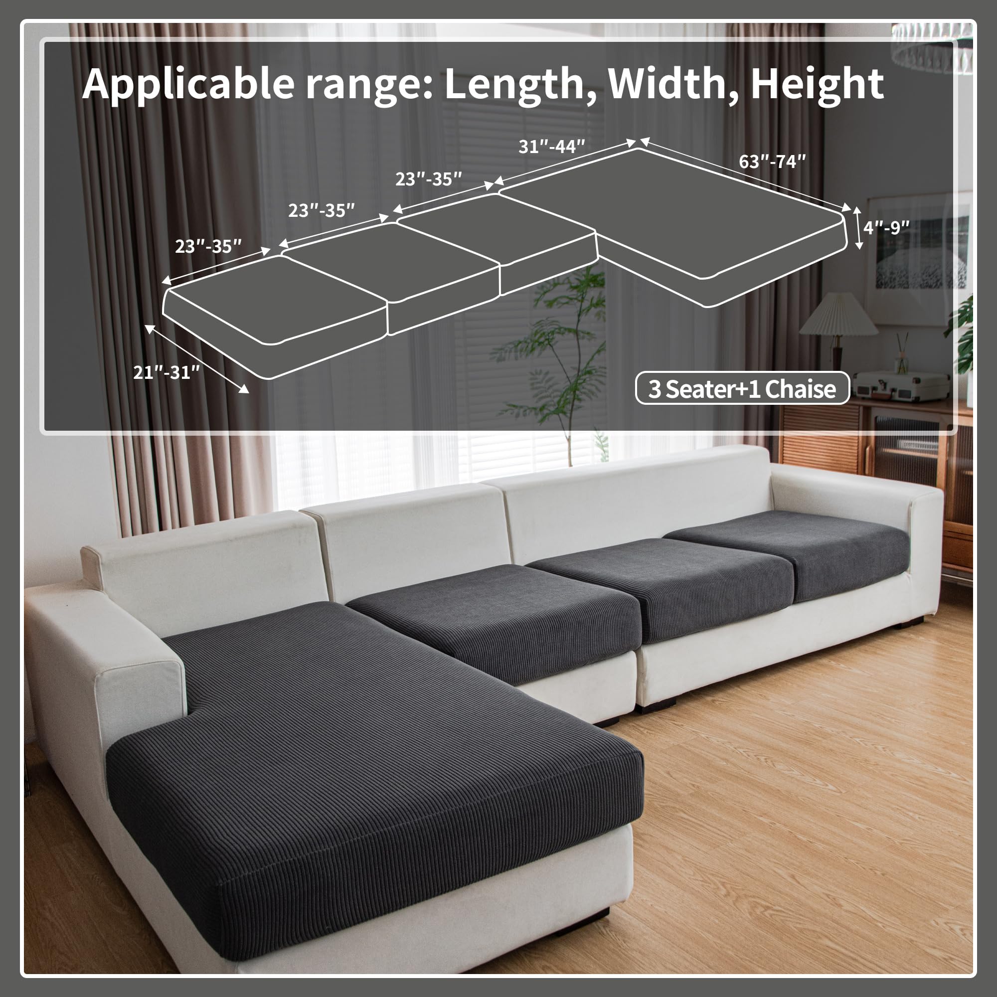 Stretchable Sofa Slipcovers for 3-Seater Couch with Chaise - Washable, Pet-Resistant Furniture Protector in Dark Gray | Perfect for Living Room, Sectional Sofa & Pet Owners