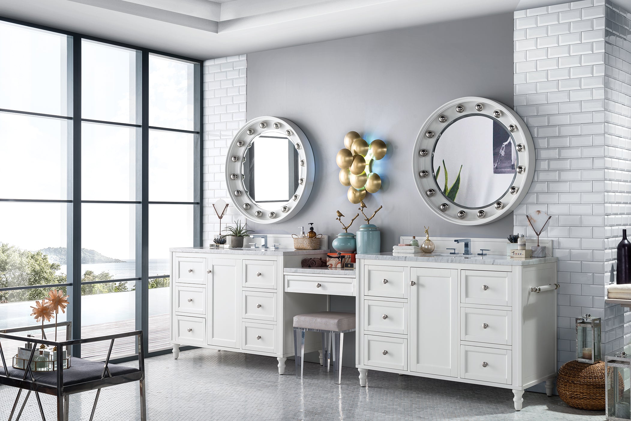 Copper Cove Encore 122 Double Vanity Set with Makeup Table - 72 Inch Bathroom Vanity with Solid Surface Top in Bright White & Arctic Fall - Perfect for Master Bathroom Renovation & Luxury Home Decor
