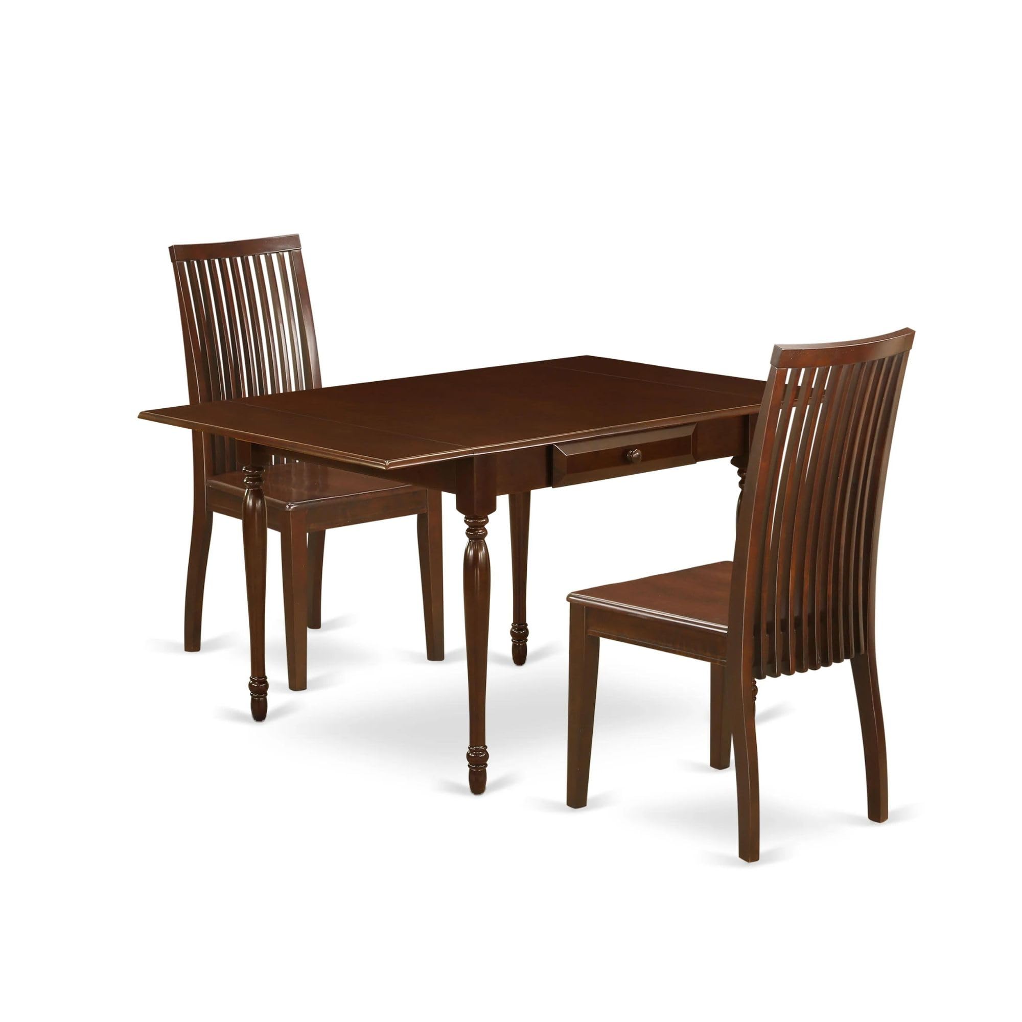 East West Furniture MZIP3-MAH-W 3-Piece Modern Dining Set - 36x54 Inch Rectangle Wooden Table with Drop Leaf & 2 Chairs, Mahogany Finish - Perfect for Small Kitchens, Breakfast Nooks & Compact Dining Spaces