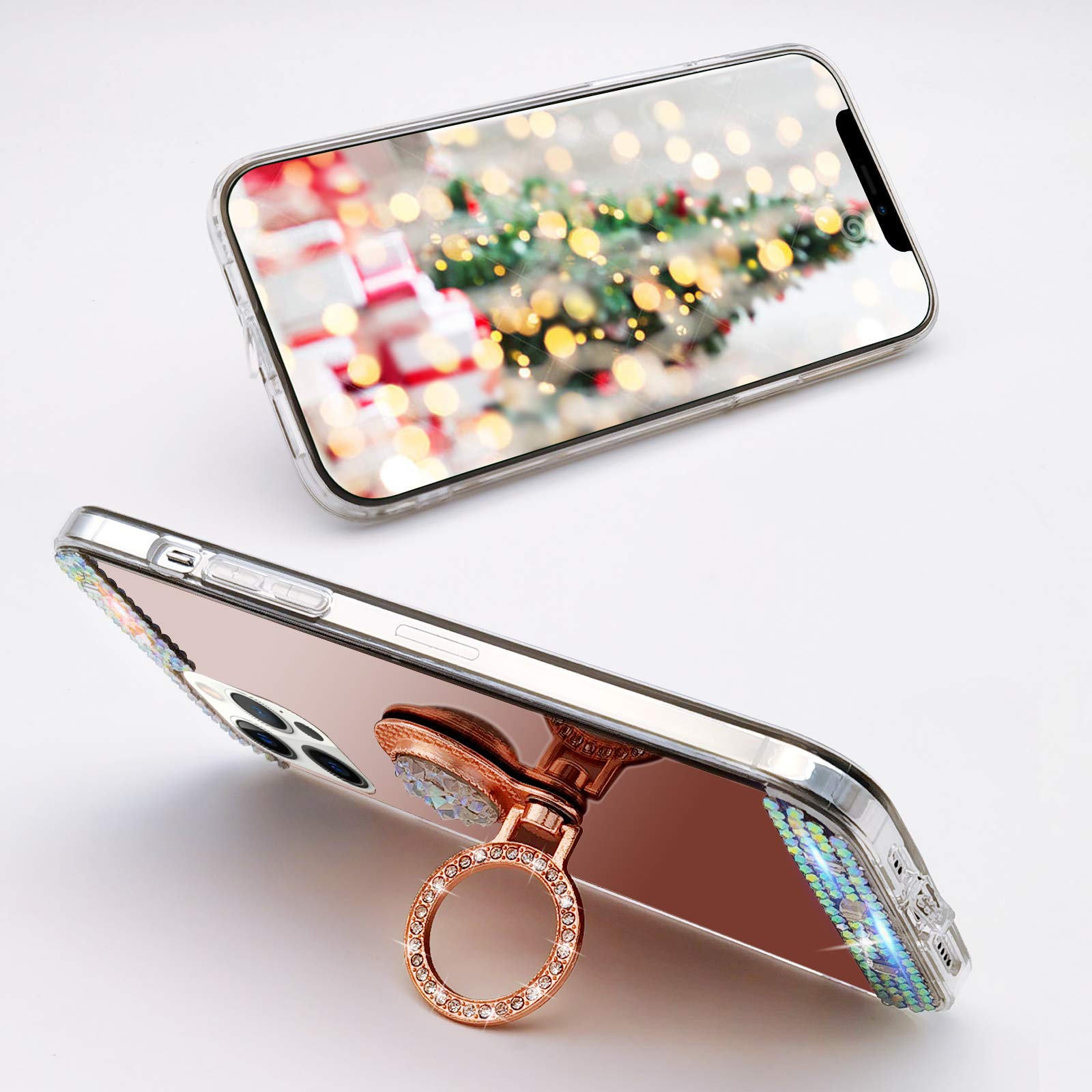 LUVI iPhone 12 Pro Case with Diamond Glitter Rhinestone, Makeup Mirror & Ring Stand - 6.1 Inch Bling Crystal Protective Cover with Finger Grip for Women & Girls | Perfect for Selfies, Makeup Touch-ups and Hands-Free Viewing