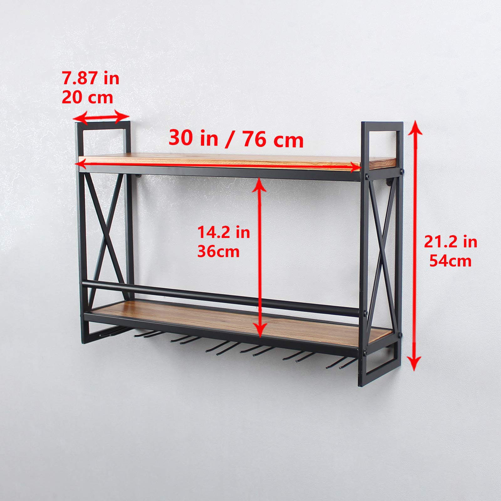 MBQQ Rustic Wall Mounted Wine Rack with 7 Stem Glass Holder - 30 Inch Industrial Metal Hanging Wine Shelf, 2-Tier Wood Floating Shelves for Kitchen, Living Room & Home Decor | Perfect for Wine Storage & Display in Dining Rooms, Bars & Entertaining Spaces