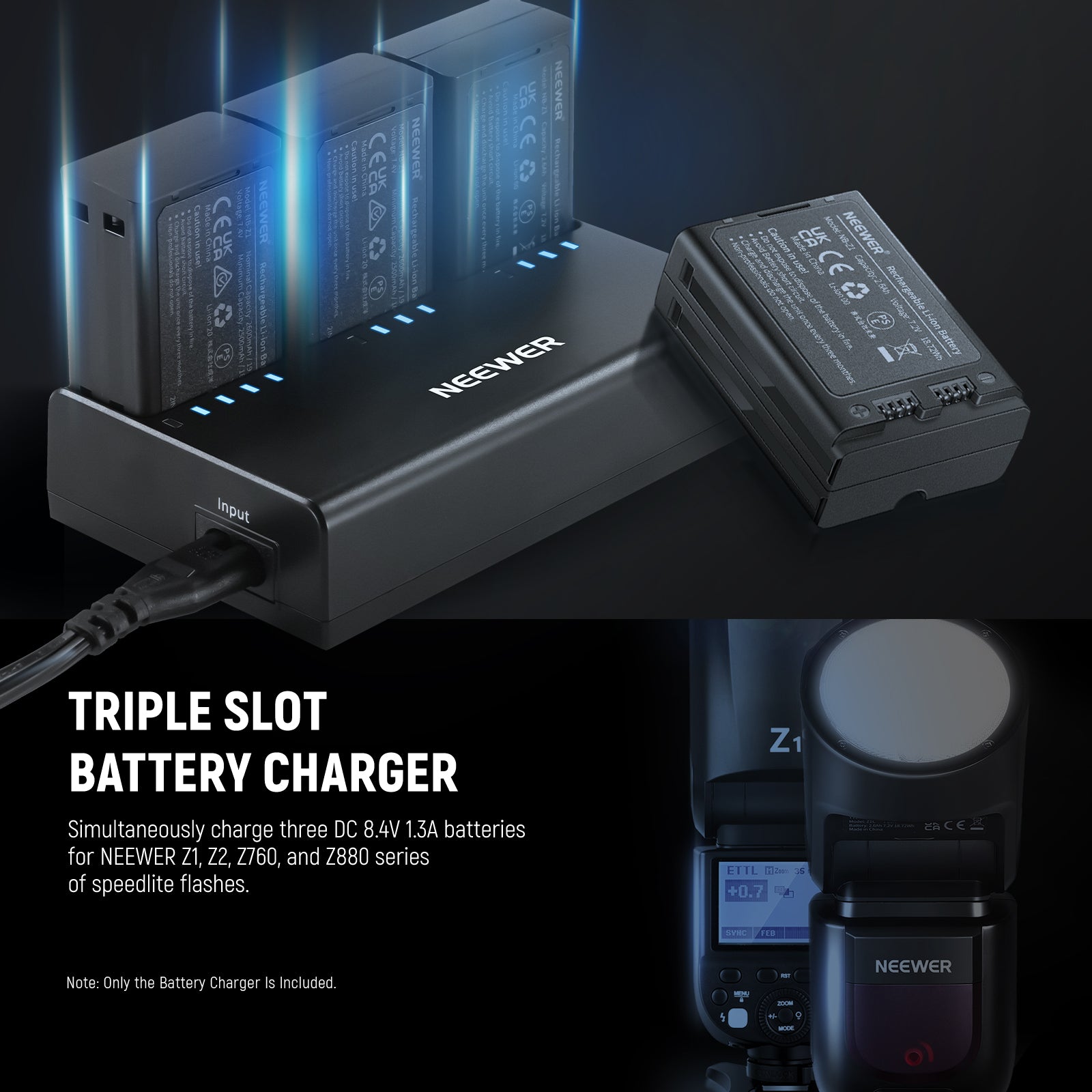 NEEWER NC3 Z1 Triple Slot Battery Charger Kit for Z2 Z1 Z760 Z880 Cameras - Fast Charging for Professional Photography & Videography - Perfect for Studio, Travel, and On-the-Go Shooting