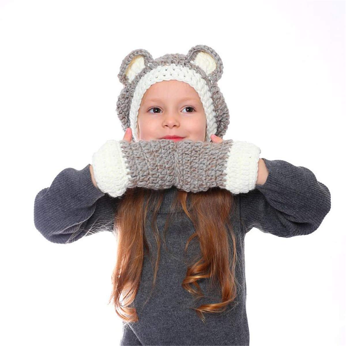 KAISHIN Winter Girls Hat Set - Cute Animal Knit Cap, Bomber Hat, Scarf & Gloves for Kids | Warm Cold Weather Accessories for School, Outdoor Play & Snow Days