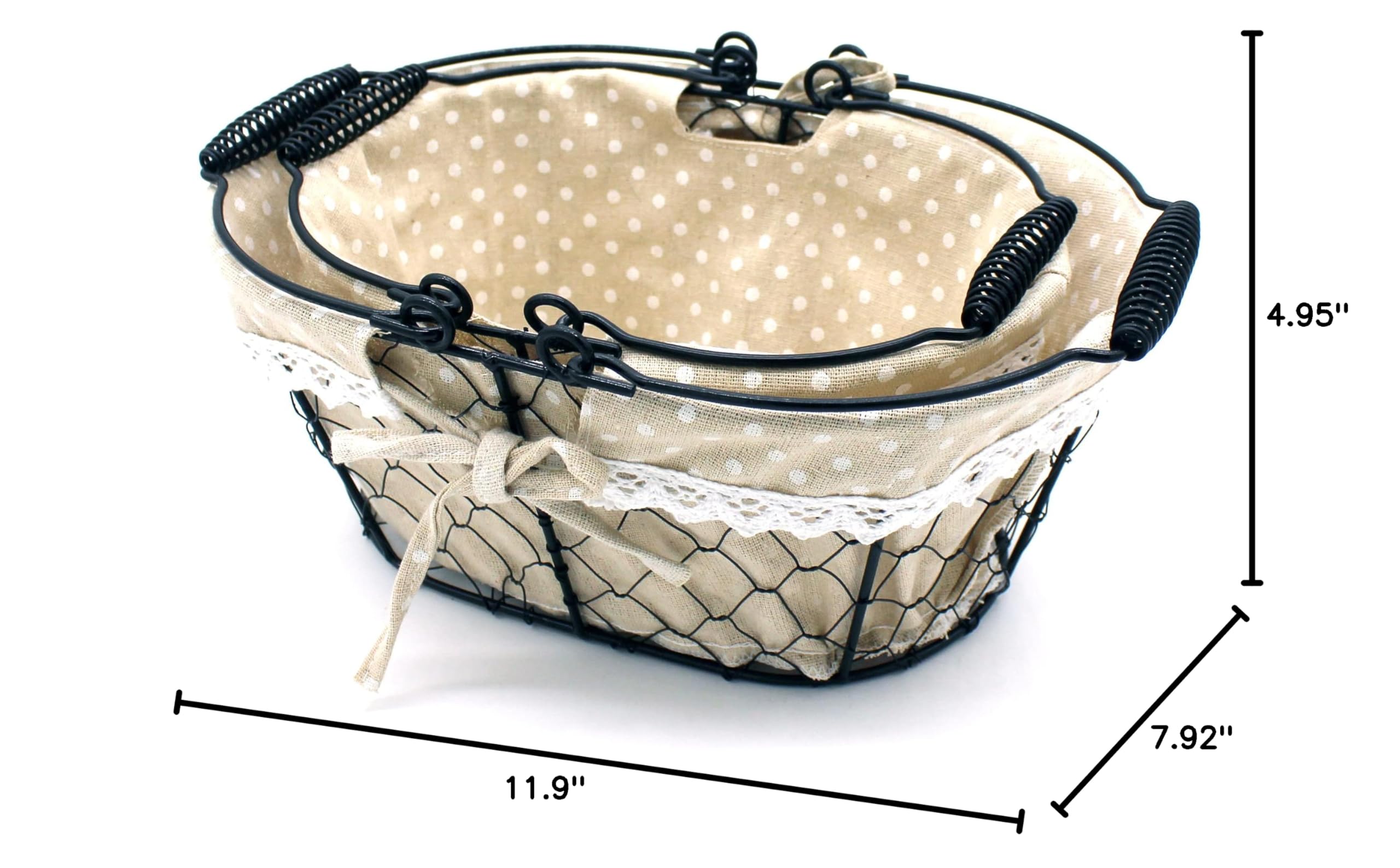 CVHOMEDECO Oval Chicken Wire Fruit Basket & Rustic Bread Basket with Sturdy Handle & Fabric Liner - Matt Black (Set of 2) - Perfect for Farmhouse Kitchen Decor, Picnics & Rustic Dining