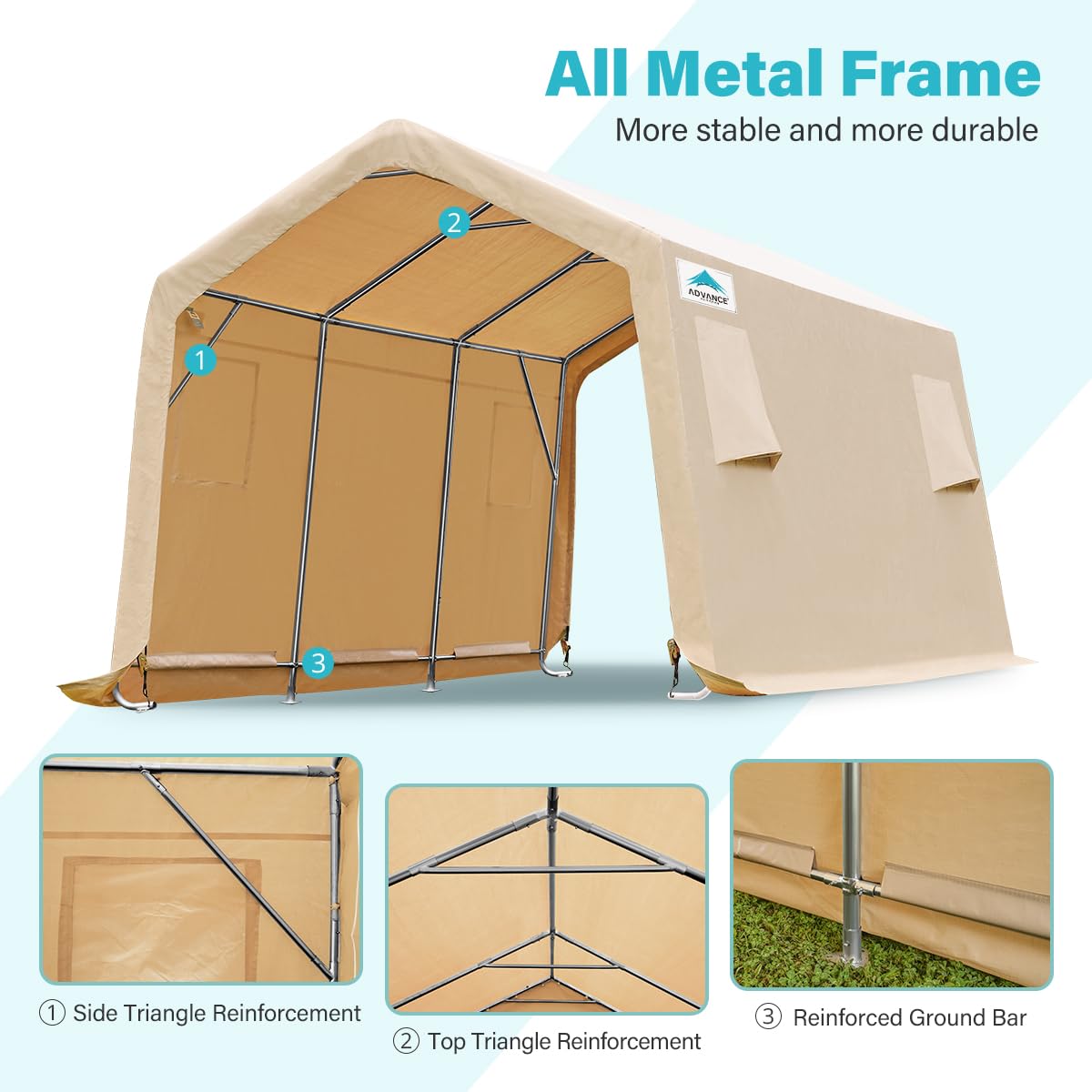 ADVANCE OUTDOOR 10X15 ft Heavy-Duty Steel Garage Shelter with Peak Roof - Portable Storage Shed for Motorcycle, Boat & Garden Tools - Includes 2 Roll-Up Doors & Ventilation (Beige) | Perfect for Vehicle Protection, Outdoor Storage & Backyard Organization