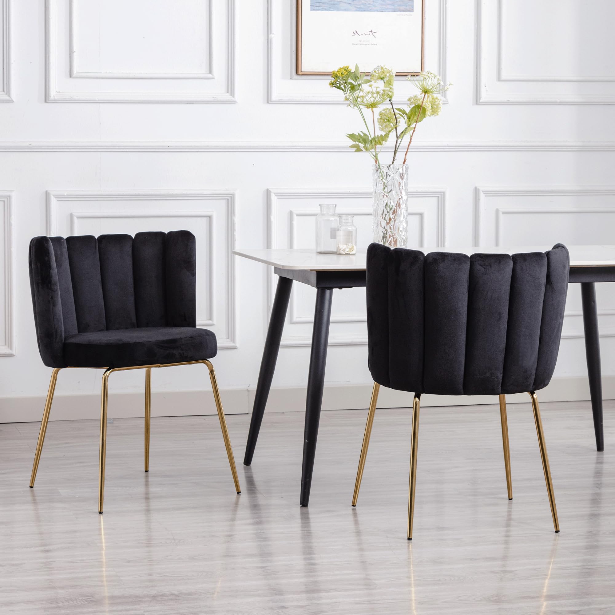 Velvet Barrel Dining Chairs Set of 2 - Modern Upholstered Accent Chairs with Gold Metal Legs for Kitchen, Living Room & Dining Room - Elegant Black Seating for Home Decor & Entertaining