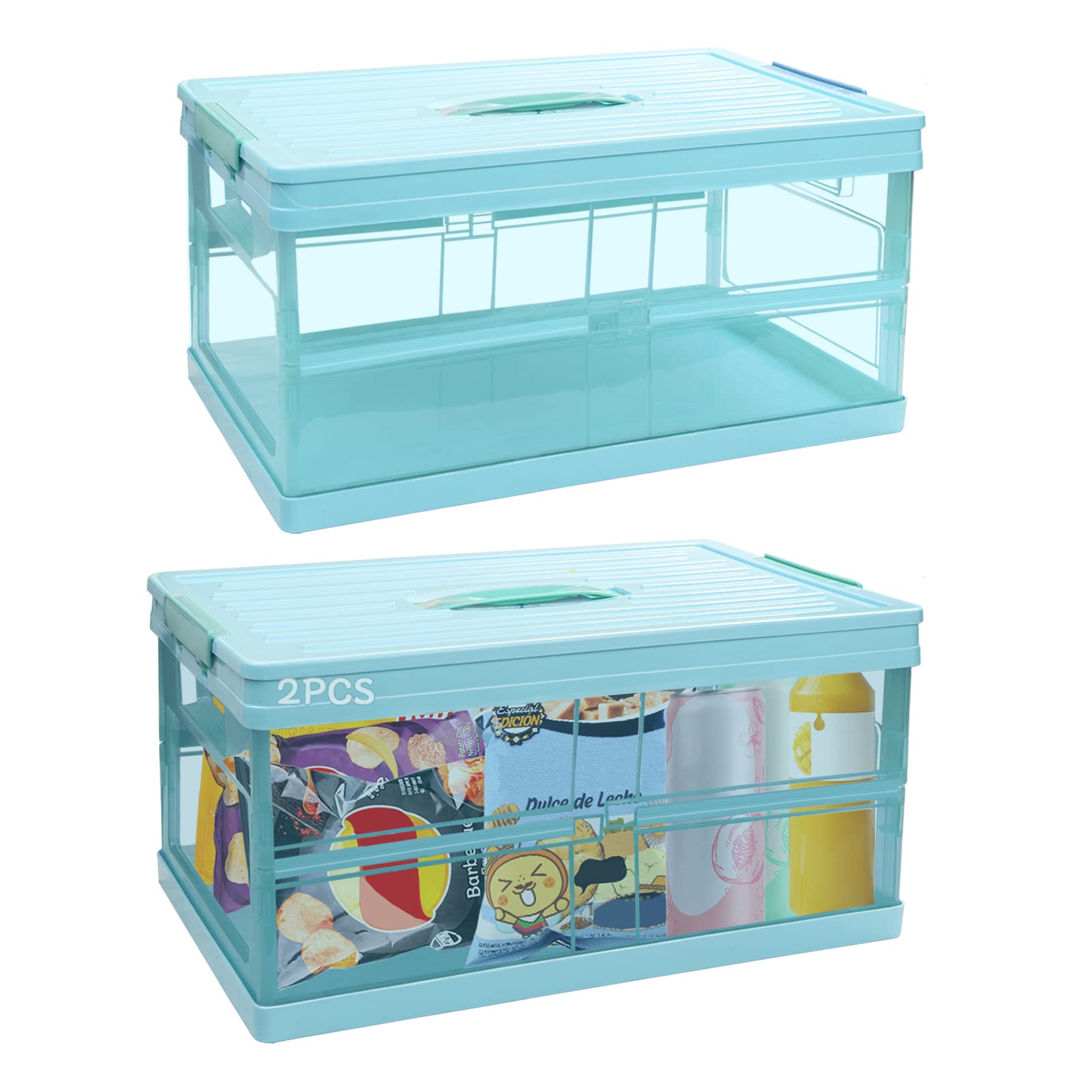 2Pcs Foldable Plastic Storage Box with Lid - DSVENROLY Multifunctional Transparent Collapsible Storage Bins, Stackable Clear Latch Organizer with Handle for Home, Office, Closet & Toy Organization (Light Blue) | Space-Saving Home Storage Solution
