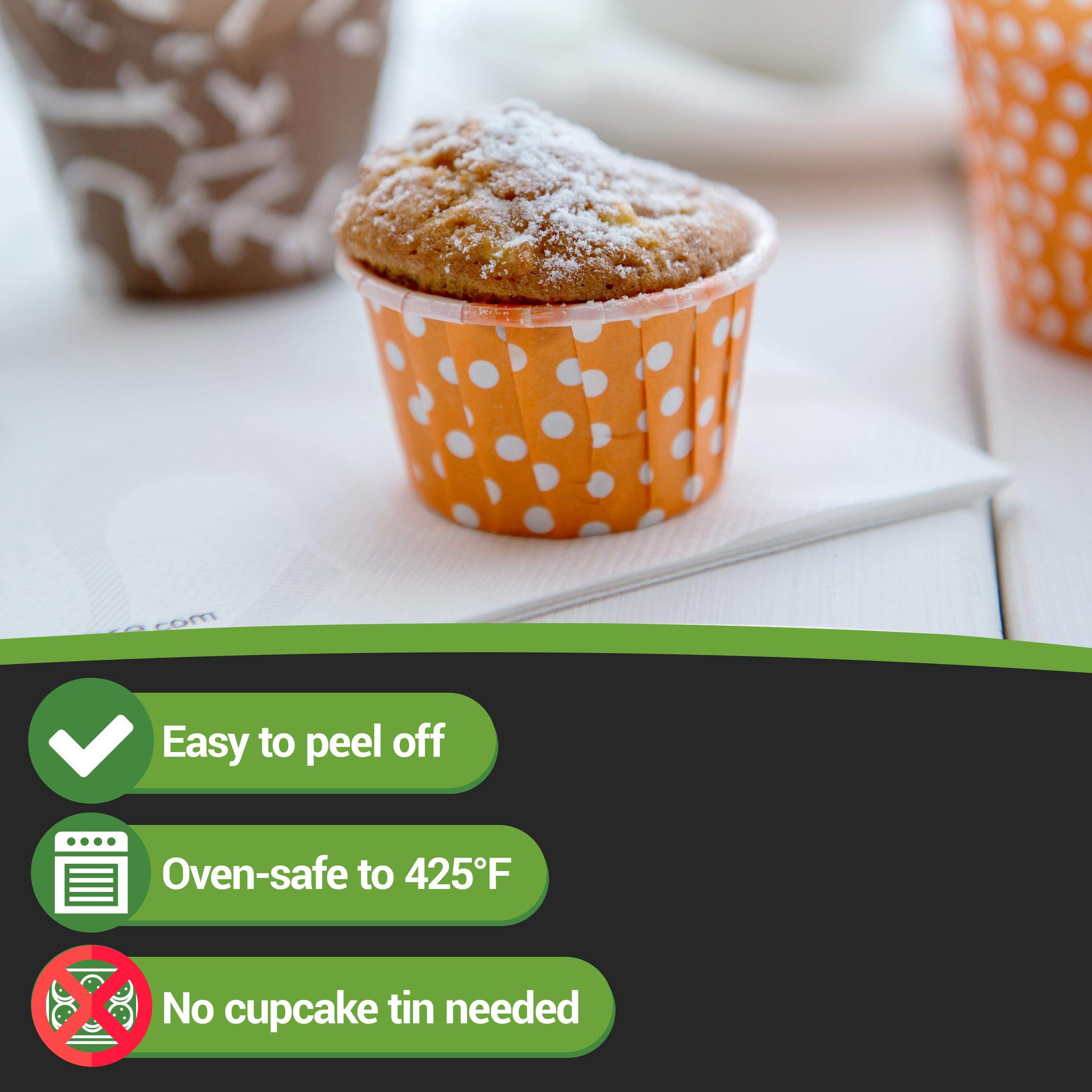 Restaurantware Panificio 1 Ounce Baking Cups - 200 Count Pleated Cupcake Liners | Oven-Safe & Freezer-Safe Orange Polka Dot Muffin Wrappers | Disposable Baking Cups for Weddings, Baby Showers & Birthday Parties | Perfect for Cupcakes, Muffins & Mini Desserts