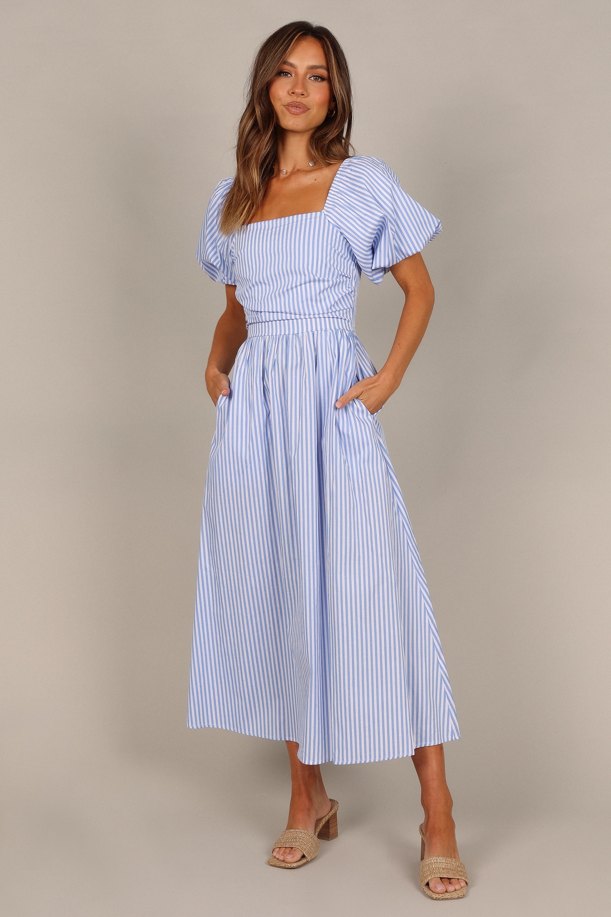 Stylish Blue Stripe Clo Puff Sleeve Midi Dress for Women | Flattering A-Line Summer Dress | Perfect for Beach Vacations, Date Nights & Office Wear