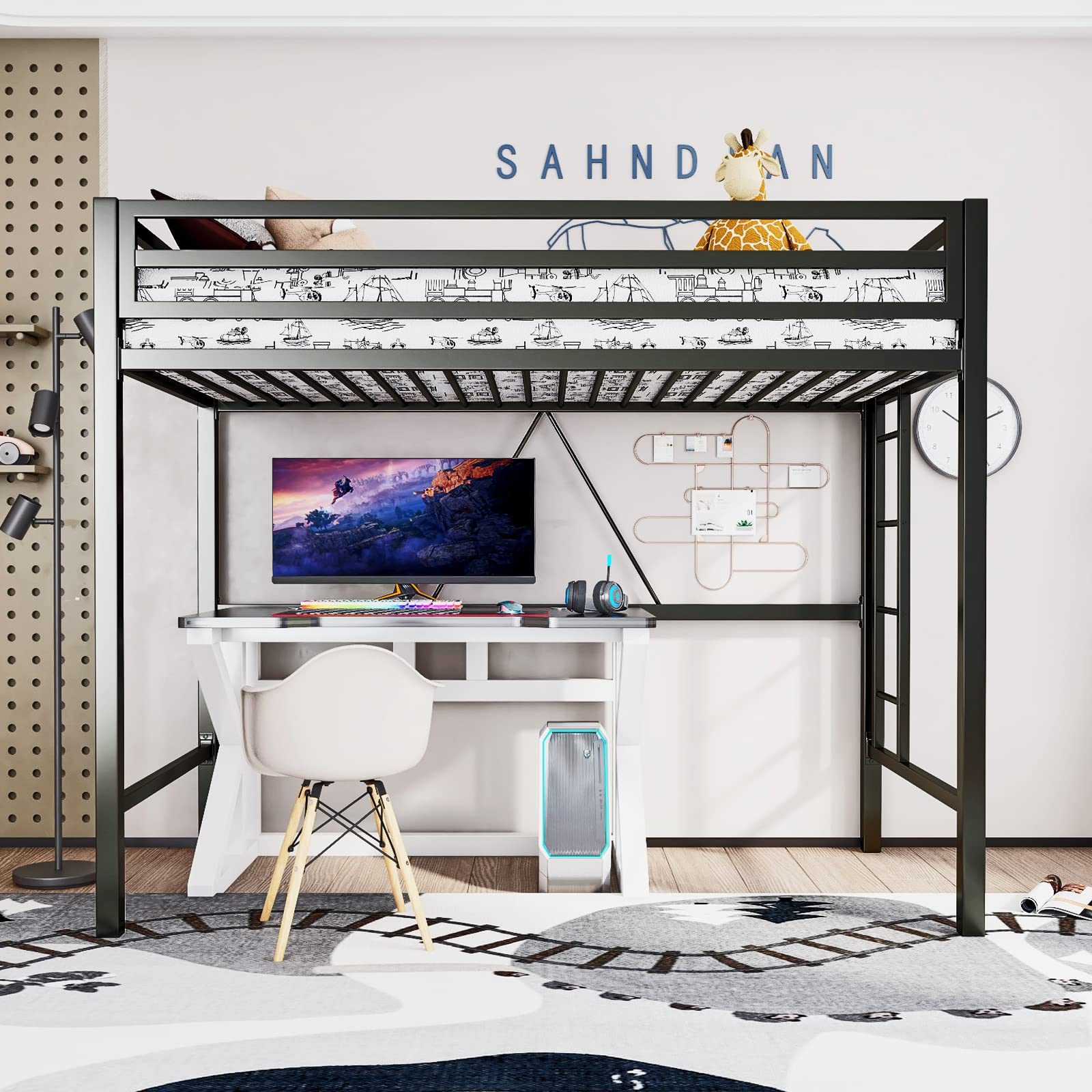 **Metal Loft Bed Twin Size with Safety Guardrail & Ladder - Space Saving Bed Frame, No Box Spring Needed - Matte Black - Ideal for Kids, Teens & Small Bedrooms**