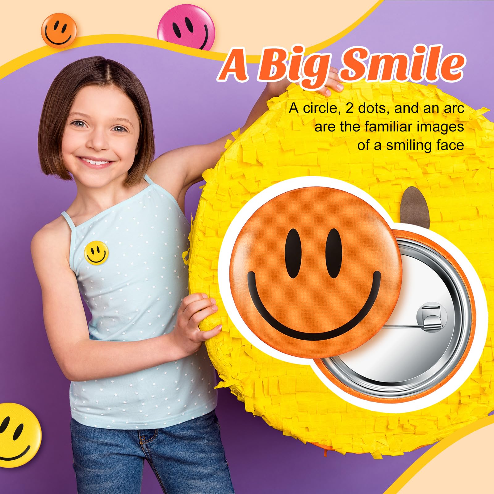 200 Pcs Happy Smile Face Button Pins - Retro Pinback Badges, 1.25 Inch Colorful Classic Smiley Pins for Backpacks, Jackets, Hats & DIY Crafts - Fun Novelty Accessories for Women & Teens