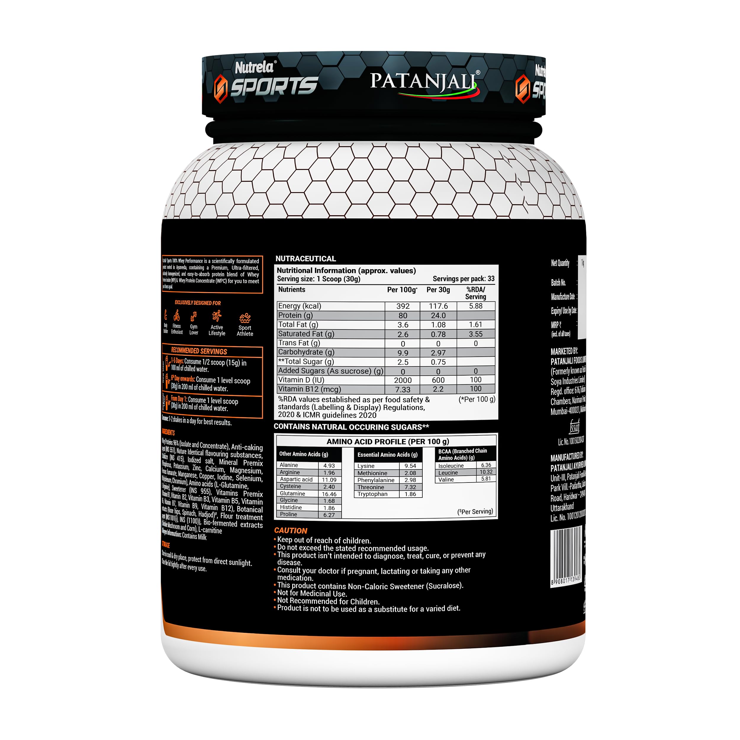 Patanjali NUTRELA Sports Whey Protein Powder Concentrate & Isolate - 1kg Vanilla Ice Cream Flavor | 24g Protein, 6.7g BCAA, 4.9g Glutamine with Digestive Enzymes | Post-Workout Recovery & Muscle Building Supplement for Athletes & Fitness Enthusiasts