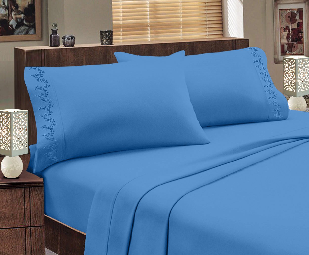 Egyptian Cotton 3-Piece Sheet Set - Twin Size, Soft & Breathable, Embroidered Blue Design - Perfect for Bedrooms, Guest Rooms & Dorm Comfort