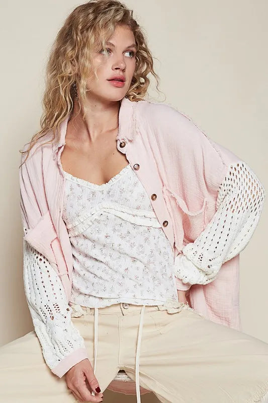 Women's Pink Lantern Sleeve Button Down Gauze Shirt - Breathable Summer Blouse for Casual Outings & Beach Cover-Up