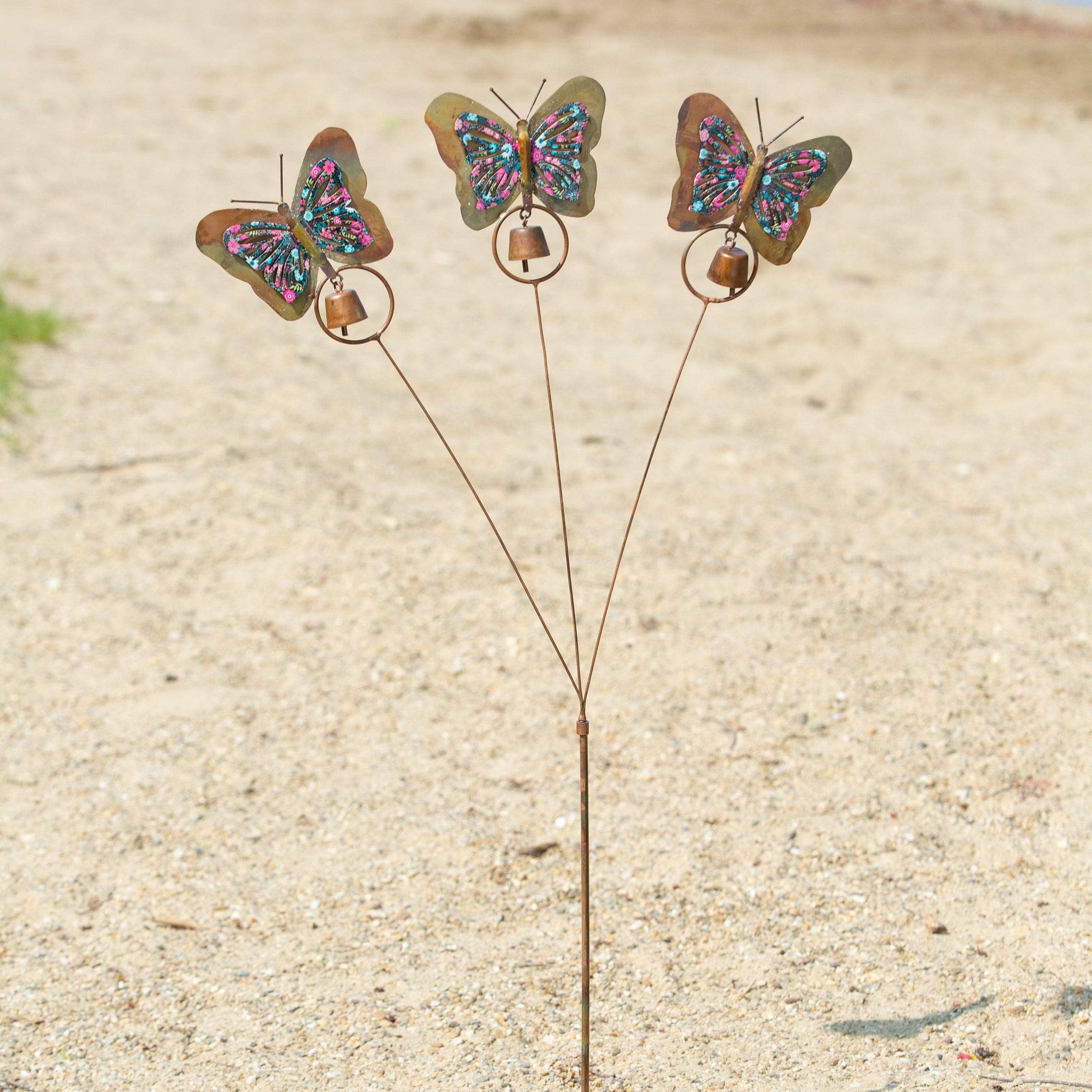 Triple Floral Butterfly Garden Stake - Decorative Metal Yard Art for Outdoor Flower Beds, Patio Decor & Spring Garden Ornaments