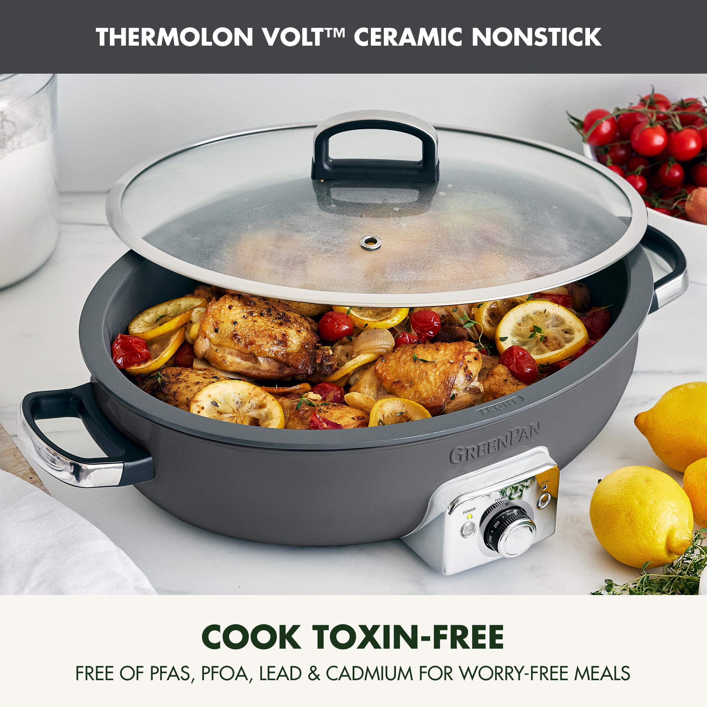 GreenPan Elite 5.5QT Electric Oval Skillet - PFAS-Free Ceramic Nonstick Cookware, 1800W Multi-Cooker with Adjustable Temperature Control, Dishwasher Safe Lid & Removable Pot - Perfect for Searing, Sautéing, Cooking Rice, Stir-Frying - Ideal for Family Dinners, Meal Prep & Healthy Cooking