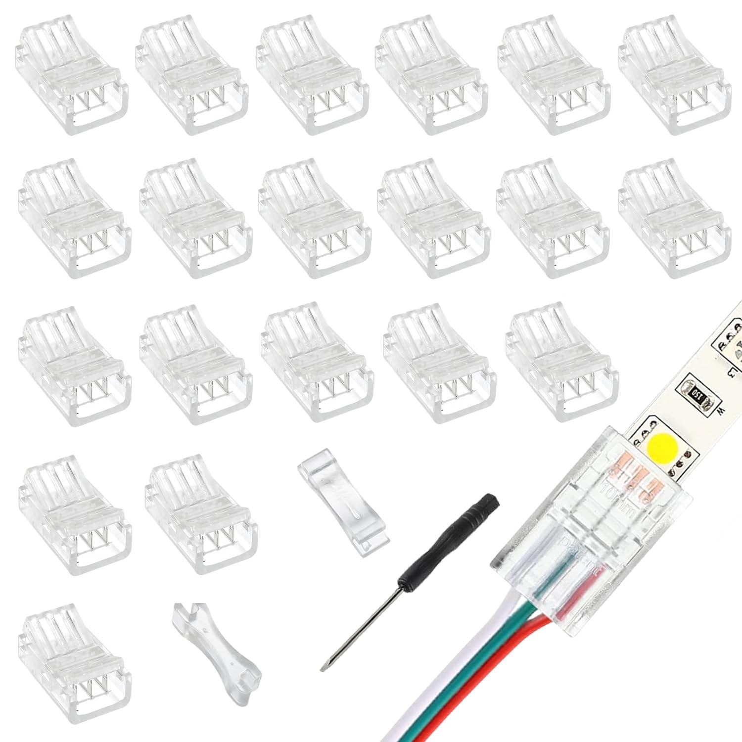 10mm 3-Pin LED Strip Connector - Clear Unwired Gapless Quick Connect Adapter for 5050 RGB LED Light Strips (20 Pack) - Perfect for Home, Office, and DIY Lighting Projects