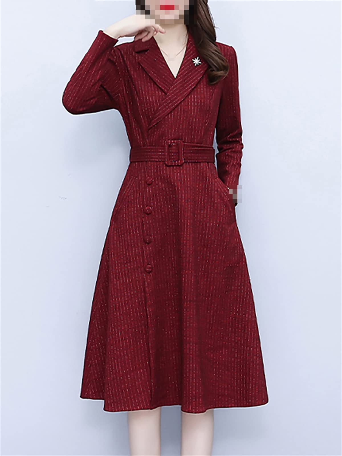 Ruereuu Women's Korean Party Stripe Long Sleeve Midi Dress - Elegant Floral Print A-Line Dress for Date Night, Wedding Guest, Cocktail Party & Special Occasions