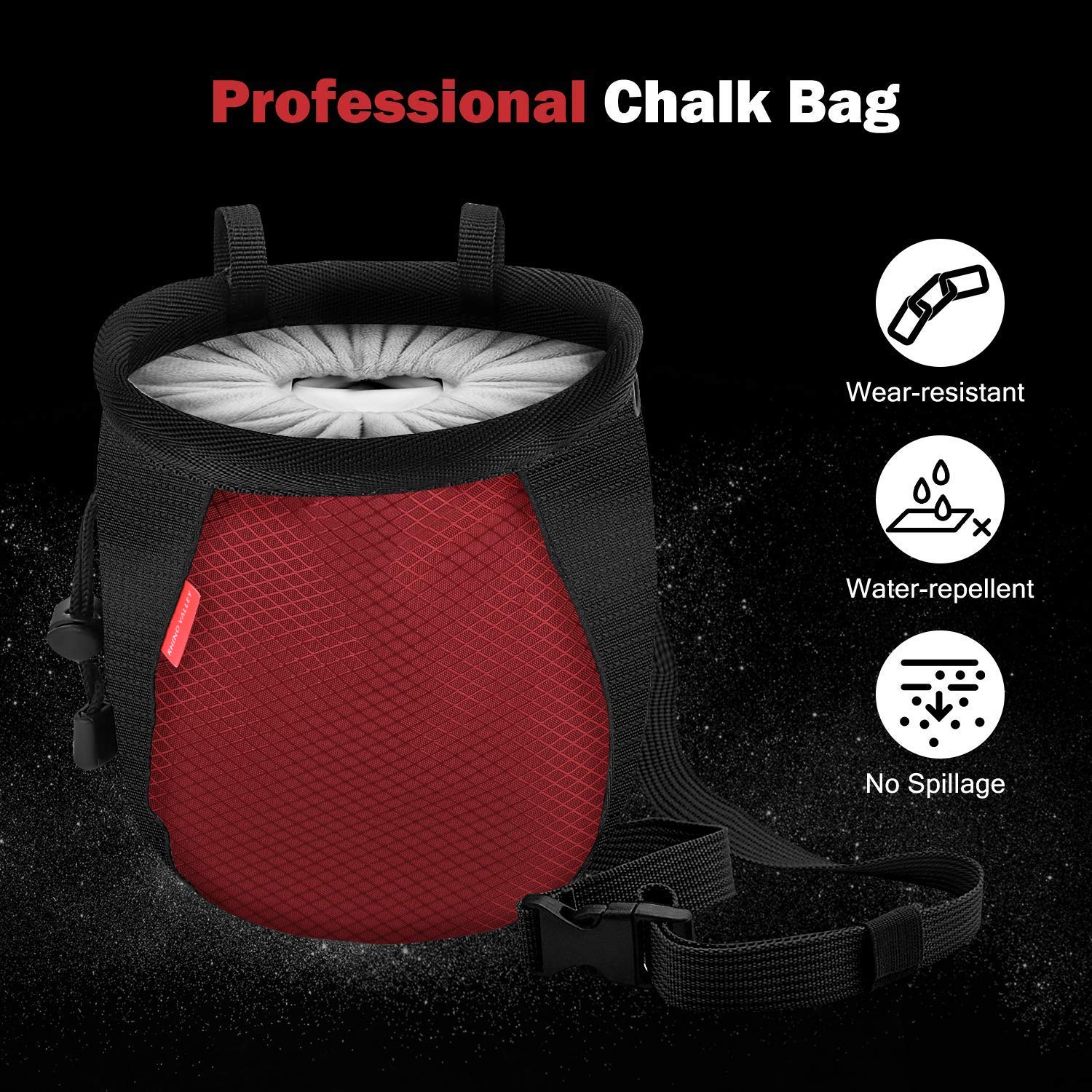 **Rhino Valley No-Leak Climbing Chalk Bag with Adjustable Belt, Carabiner Clip & Zippered Pockets – Perfect for Rock Climbing, Bouldering, CrossFit, Weightlifting & Gym Workouts**