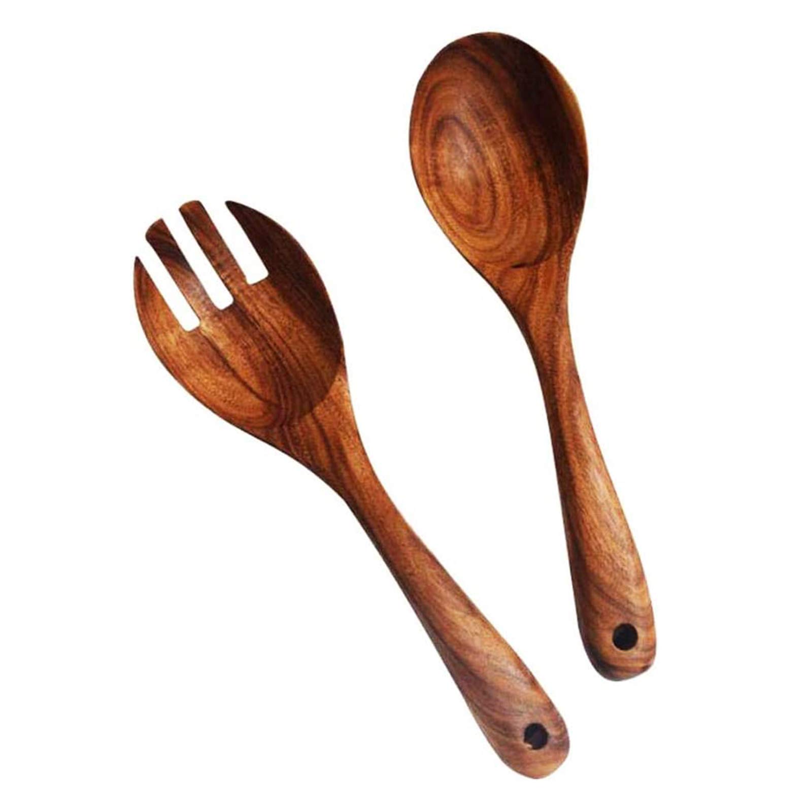 Natural Acacia Wood Salad Servers Set - Handmade Wooden Spoon & Fork for Kitchen, Cooking & Serving - Perfect for Salads, Pasta, Rice & Healthy Meals