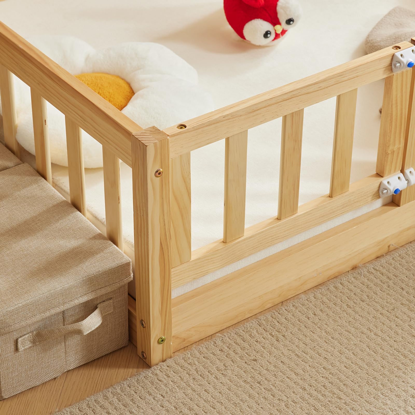 Montessori Toddler Floor Bed with Door & Safety Fence - Solid Wood Queen Size Kids Bed Frame with 12 Slats & Guardrails for Boys & Girls (Natural) - Perfect for Montessori Bedrooms, Safe Sleep Training & Child Independence Development