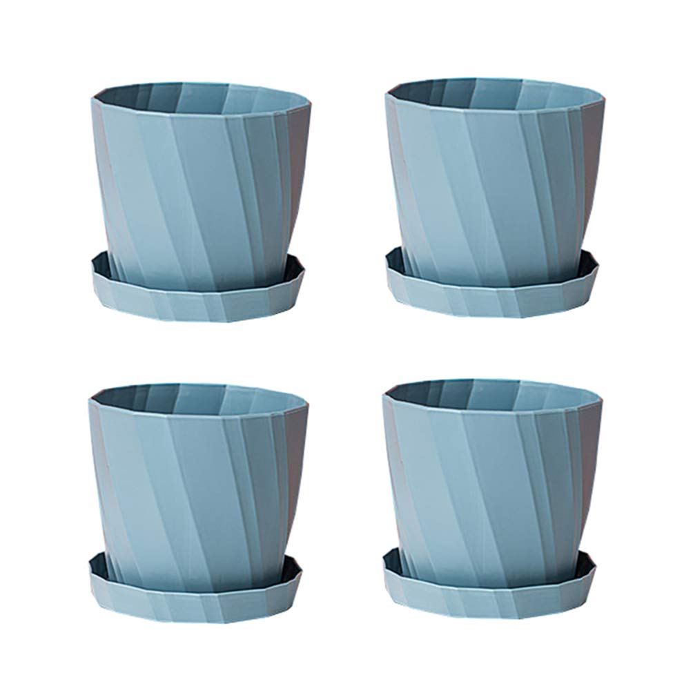 4Pcs Minimalist Plastic Flower Pots with Drainage Holes & Trays - Modern Indoor Planters for Succulents, Bonsai & House Plants - Blue Home Decor for Living Room, Office & Balcony