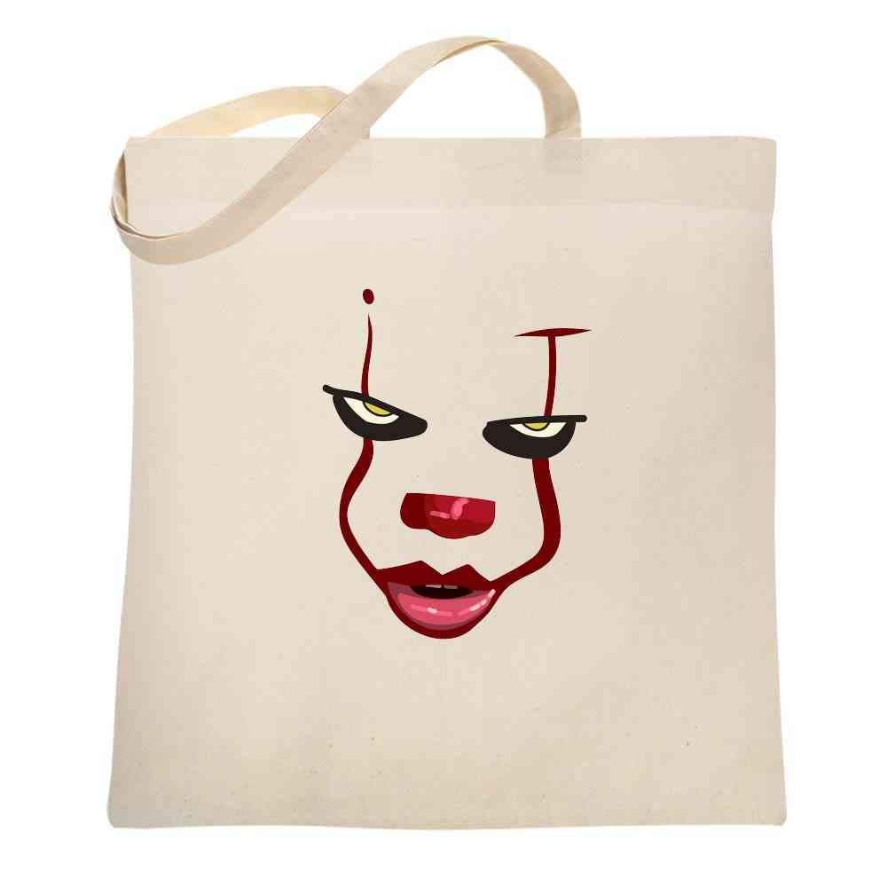 Scary Killer Clown Face Horror Halloween Canvas Tote Bag - Spooky Shoulder Handbag for Halloween Costume, Cosplay & Haunted House Parties
