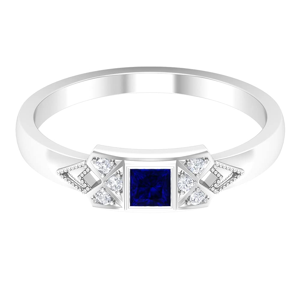 1/4 CT Lab-Created Blue Sapphire & Diamond Ring in 14K Solid Gold, Princess Cut Created Sapphire Promise Ring with Diamond Accents – Perfect for Engagement, Anniversary & Romantic Gifts