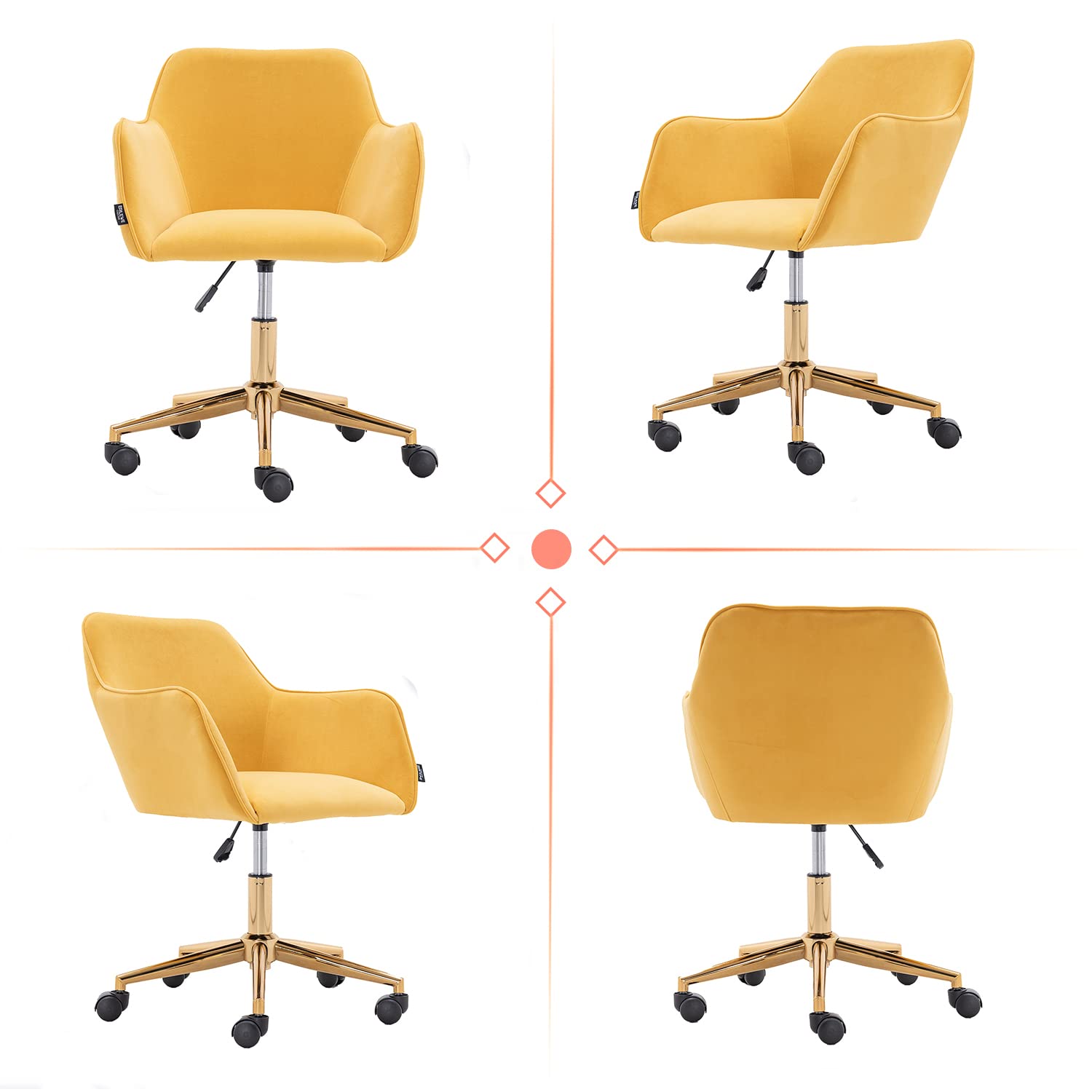 Henf Velvet Office Chair - 360° Swivel Home Desk Chair with Elegant Gold Base | Soft Tufted Vanity Chair for Kids & Students | Perfect for Bedroom, Living Room & Home Office (Style10-Yellow)