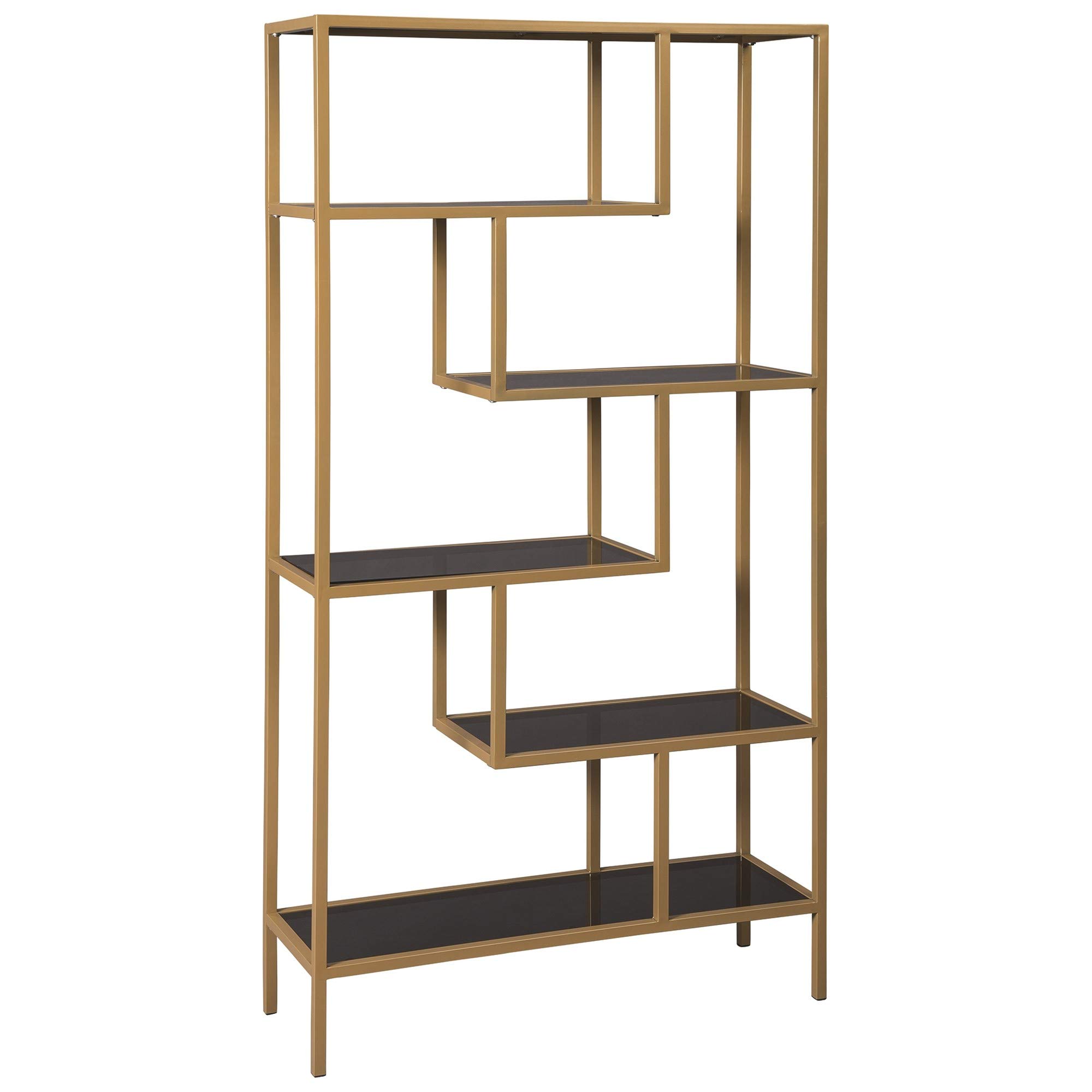 Benjara 5-Tier Metal Bookcase with Glass Shelves - Gold & Black Display Shelf for Living Room, Office & Library Storage